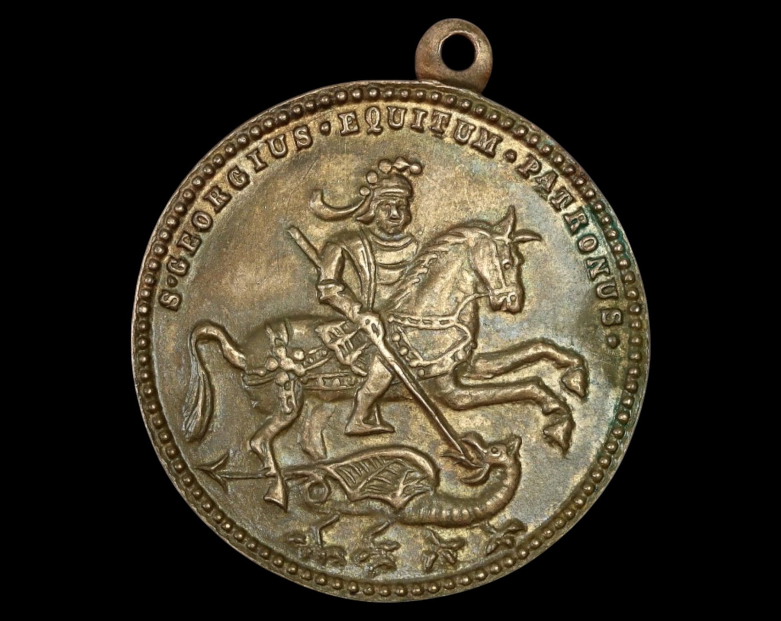 EUROPE: St. George & Ship Religious Medal Coin - 2.9x2.6cm, 6.5g, 19th Century: A beautifully crafted St. George and the Dragon religious medal, measuring 2.9x2.6cm and weighing 6.5g, likely dating to the 19th century. The obverse features St. George on horseback, piercing the dr