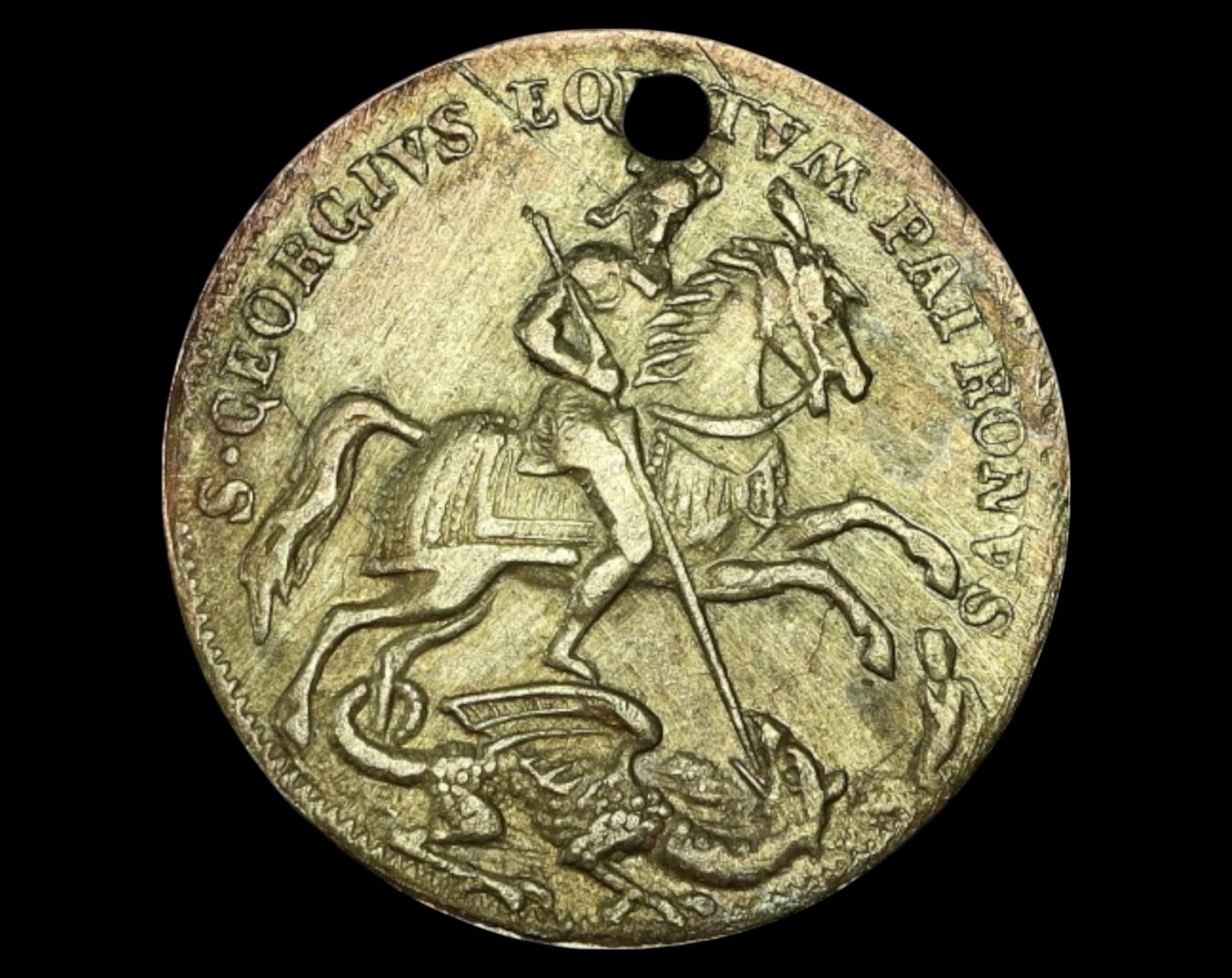 EUROPE: St. George & Tempest Protection Token Coin - Brass, 18th-19th Century: An intriguing brass religious token, measuring 21mm in diameter and weighing 2.6 grams, featuring St. George slaying the dragon on the obverse, encircled by the Latin inscription S. GEORGIUS EQUITUM P