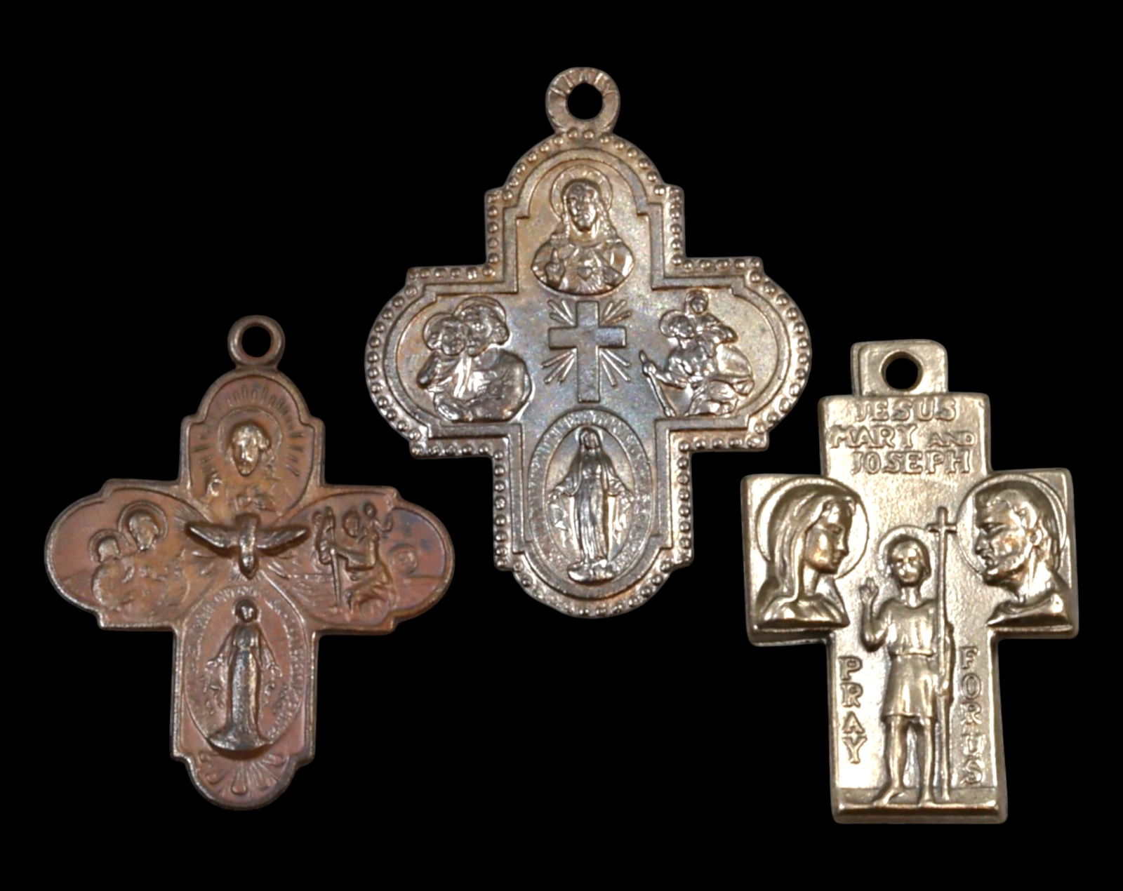 FRANCE: Catholic Religious Cross Medals - Bronze & Silvered, Devotional Set (3pcs), 19th-20th (1 of 3)