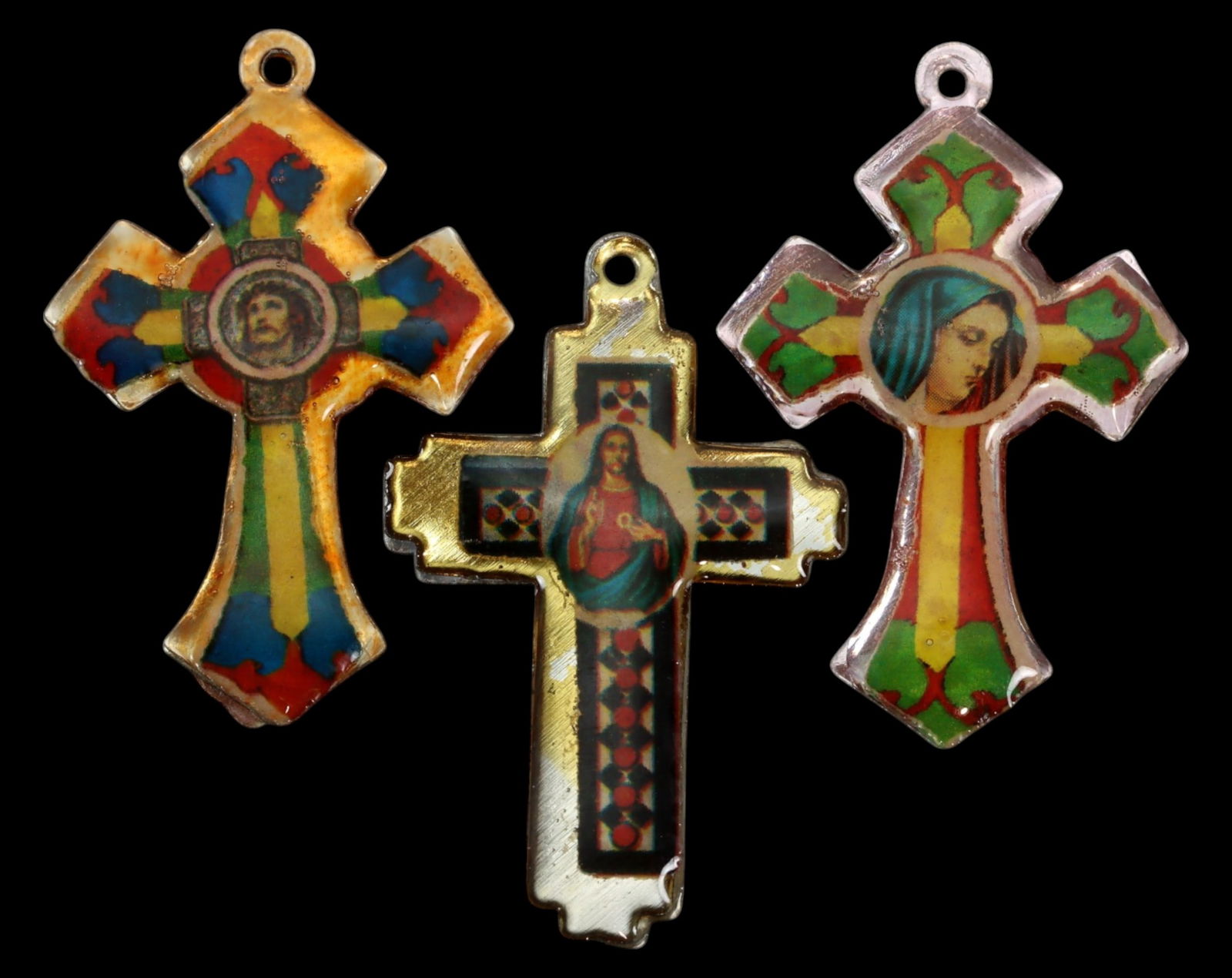 EUROPE: Antique Enameled Crucifix Pendants - 3pcs, 7g, 4x2.5cm, Early 20th Century (1 of 3)