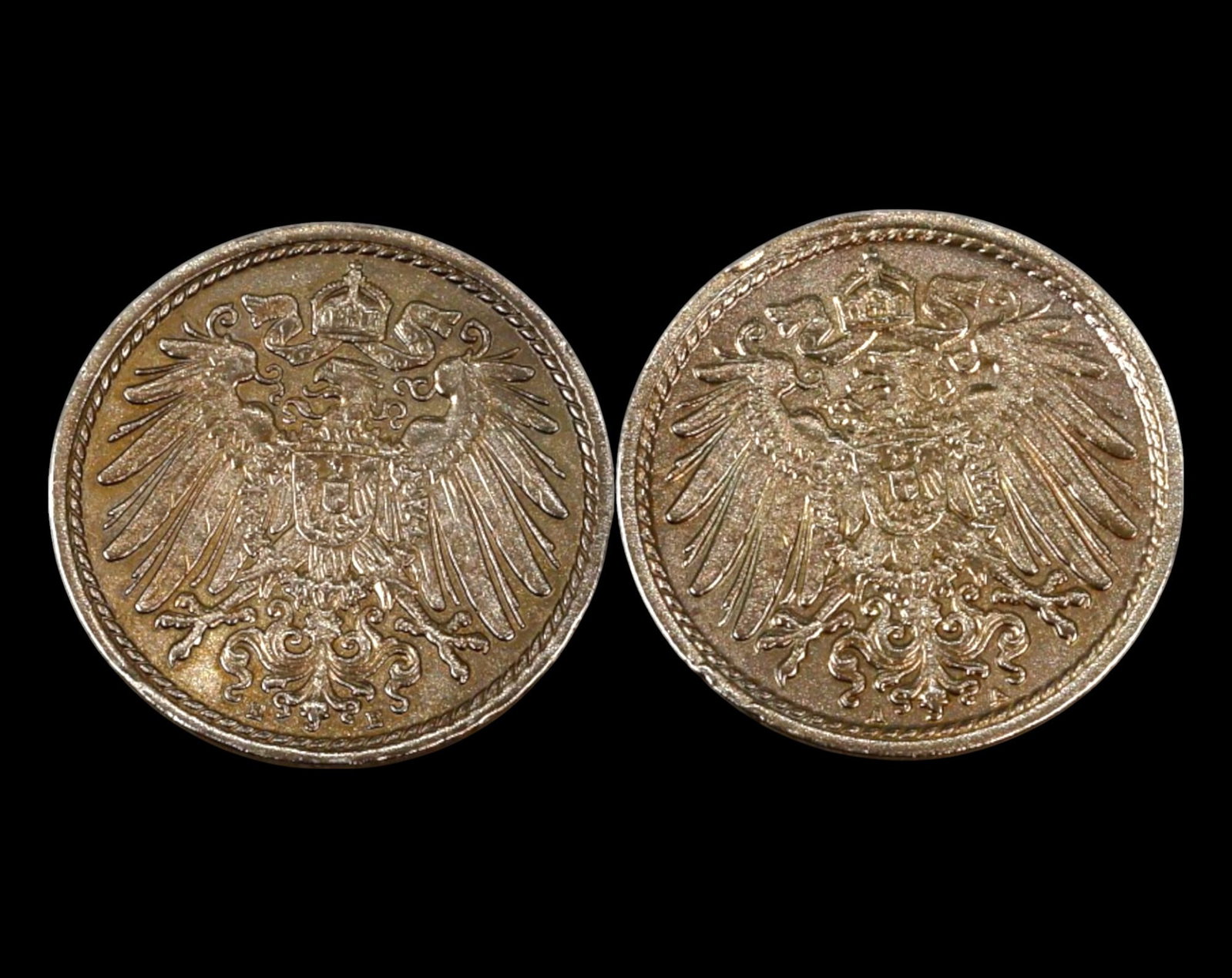 GERMANY: Deutsches Reich - 5 Pfennig Coin, 1912 E & 1913 A (2-Coin Lot): A two-coin lot featuring 5 Pfennig Coin issues from 1912 (E mintmark - Muldenh?tten) and 1913 (A mintmark - Berlin), both struck in cuproNickel Coin during the reign of Kaiser Wilhelm II. The obverse 
