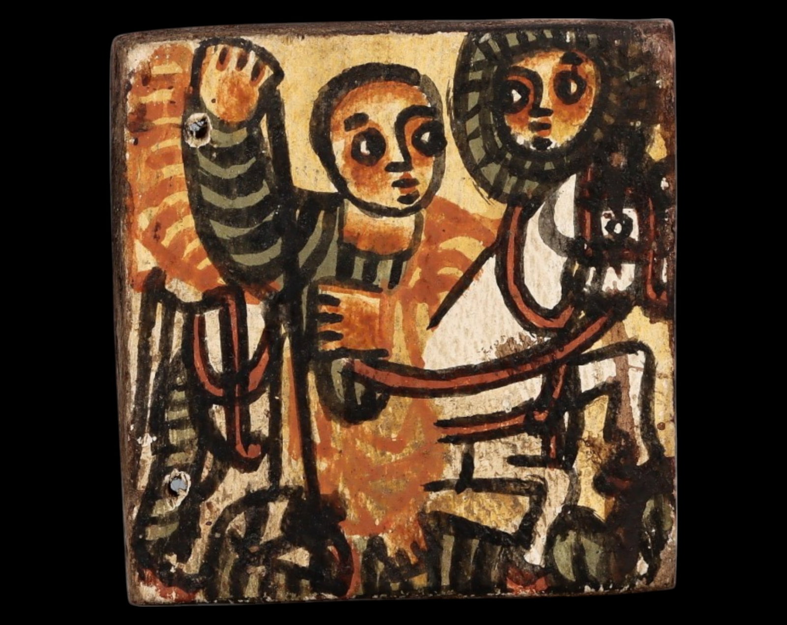 ETHIOPIA: Hand-Painted Wooden Icon - 4.3x4.1cm, 5g: A beautifully crafted Ethiopian Orthodox wooden icon, featuring a hand-painted religious scene on one side and an intricately carved geometric pattern on the reverse. The artwork showcases a saint or 