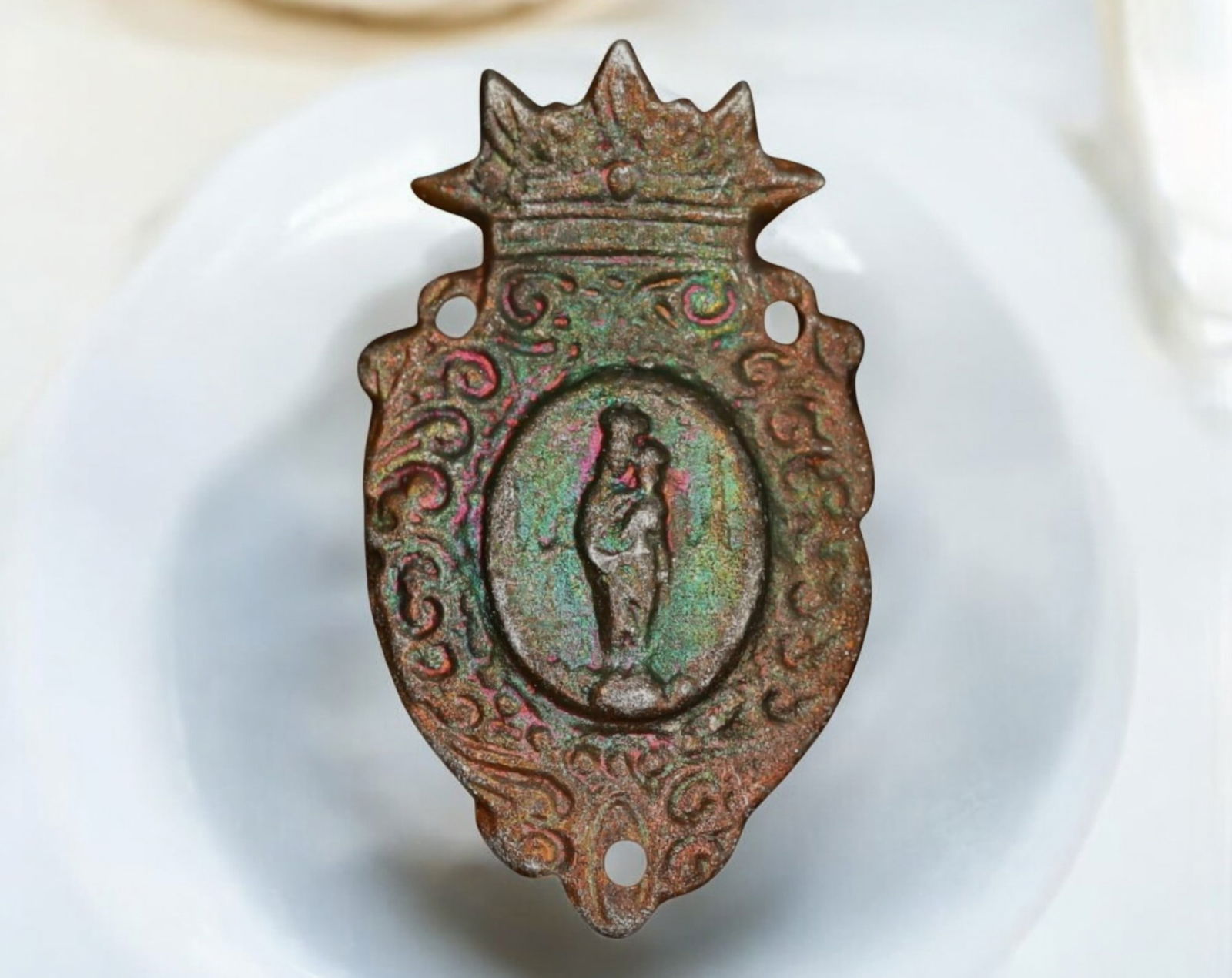 SPAIN: Baroque Bronze Religious Plaque - Virgin and Child, 18th-19th Century, 3g, 24x13mm (1 of 3)