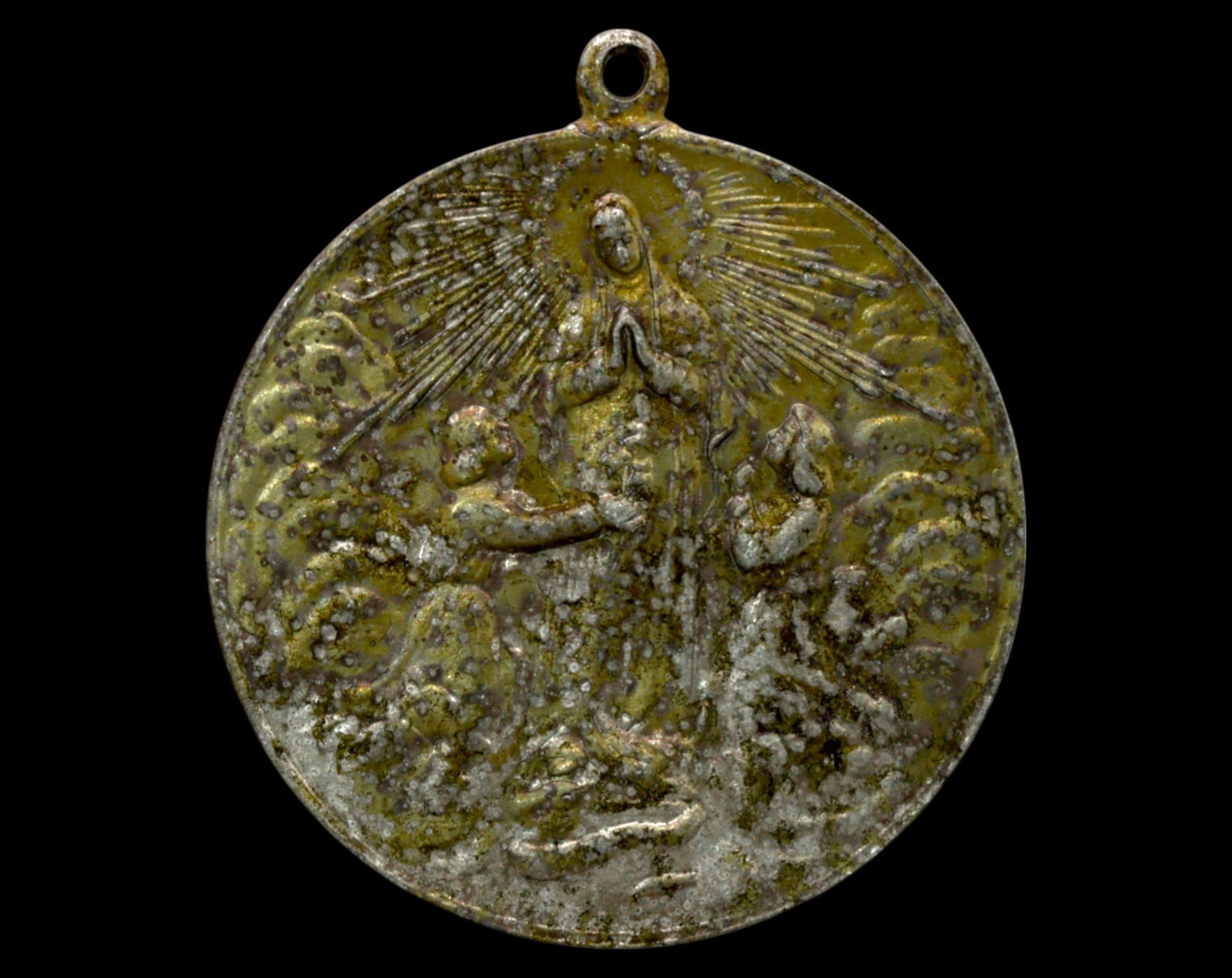 SPAIN: Devotional Bronze Medal , Archconfraternity of the Daughters of Mary, 19th-20th, 4.5g, 32mm: A finely detailed bronze devotional medal associated with the Archconfraternity of the Daughters of Mary (Archicofradia de Hijas de Maria), a Catholic organization dedicated to Marian devotion. The ob