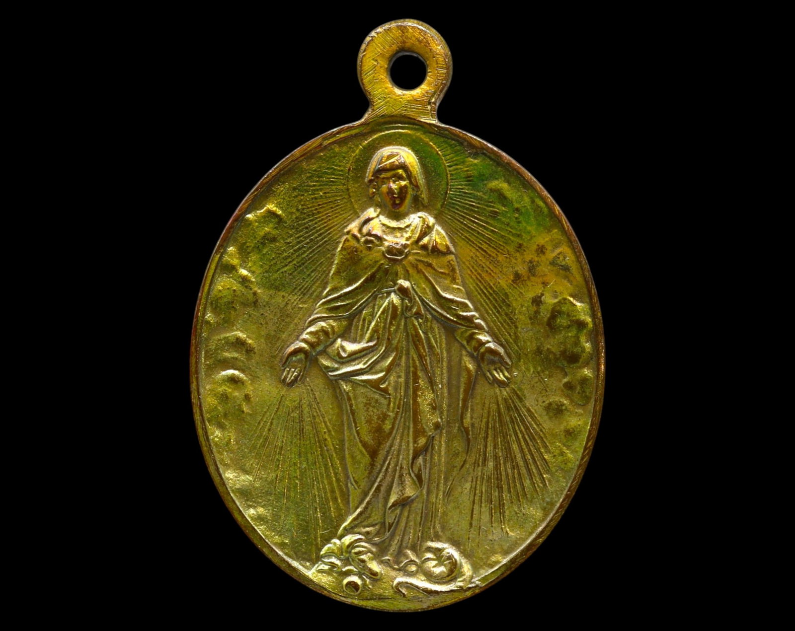 FRANCE: Gilt Bronze Medal - Virgin Mary & Guardian Angel, ca. 1900, 11g, 3x2.5cm: A finely detailed gilt bronze devotional medal featuring the Virgin Mary radiating divine grace, her arms outstretched in blessing. The reverse presents a guardian angel tenderly guiding a child, symb