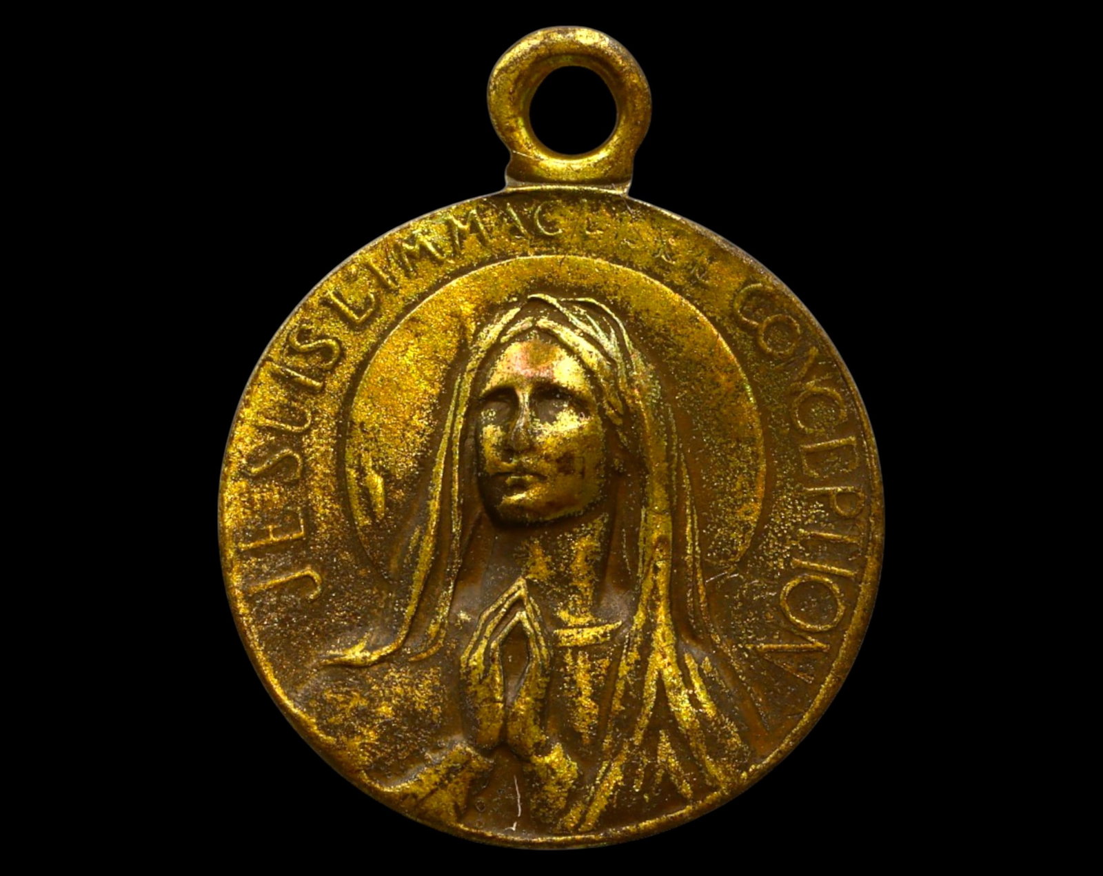 FRANCE: Lourdes Devotional Medal - Immaculate Conception and Marian Apparition, 19th-20th, 4g, 20mm: A finely struck bronze devotional medal honoring the Marian apparitions at Lourdes. The obverse presents a radiant bust of the Virgin Mary in prayer, encircled by the inscription "JE SUIS L'IMMACULEE 
