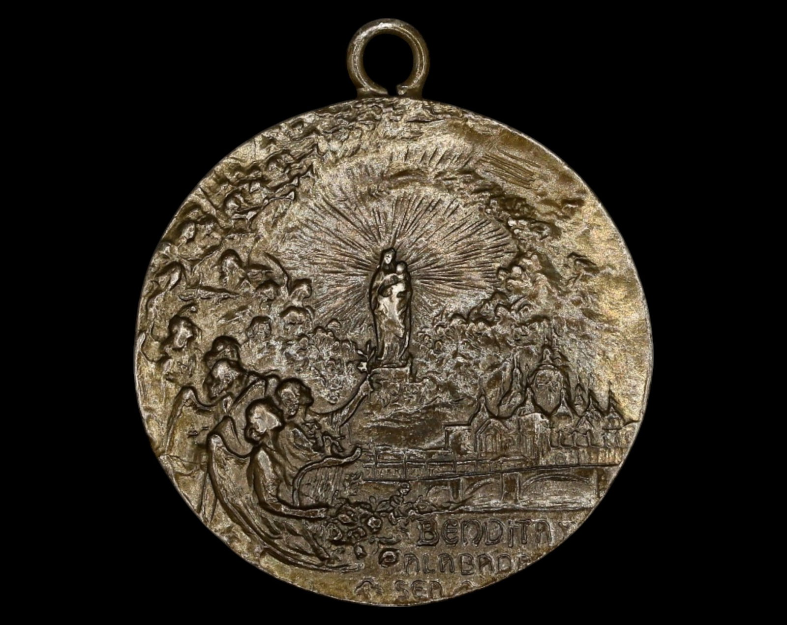 SPAIN: Bronze Medal - Coronation of Our Lady of the Pillar, Zaragoza, 1905: A detailed bronze medal (2.9 x 2.5 cm, 8.5 g) commemorating the canonical coronation of Our Lady of the Pillar, patroness of Zaragoza and Spain. The obverse depicts the Virgin Mary enthroned, crowned 