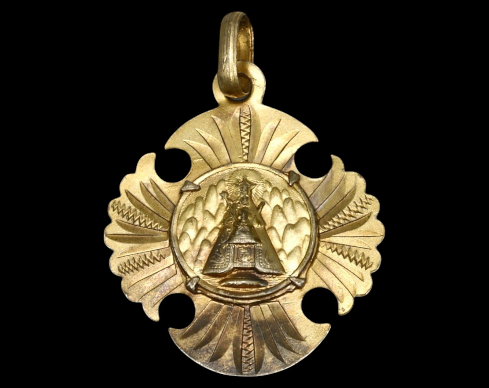 SPAIN: Our Lady of Montserrat Devotional Medal - Engraved Religious Pendant, 3x2.5cm: A finely crafted Our Lady of Montserrat medal, showcasing the revered Black Madonna of Catalonia, seated upon her mountain sanctuary. The sunburst background radiates divine presence, while the scallo