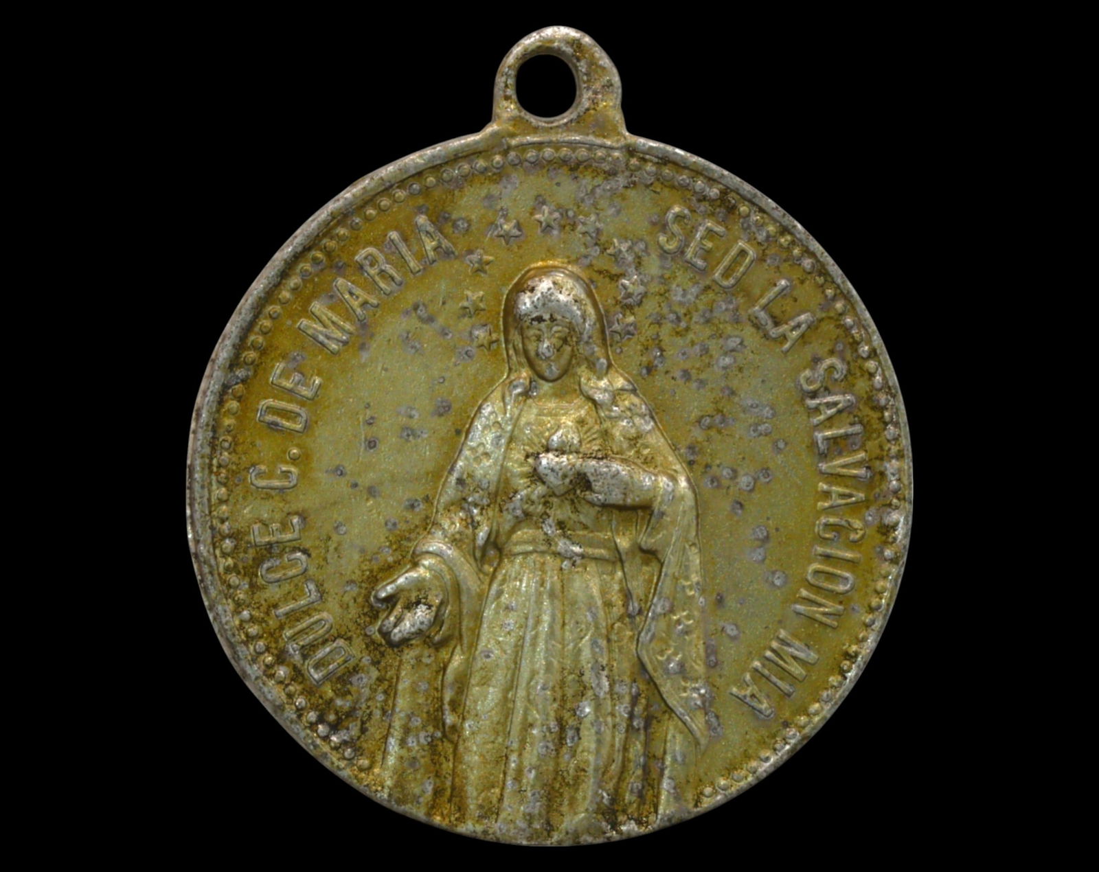 SPAIN: 1908 Inauguration Medal - Santuario del Corazon de Maria, Madrid: A historical aluminum medal commemorating the inauguration of the Sanctuary of the Sacred Heart of Mary in Madrid on October 1908. One side features a detailed depiction of the Virgin Mary holding the