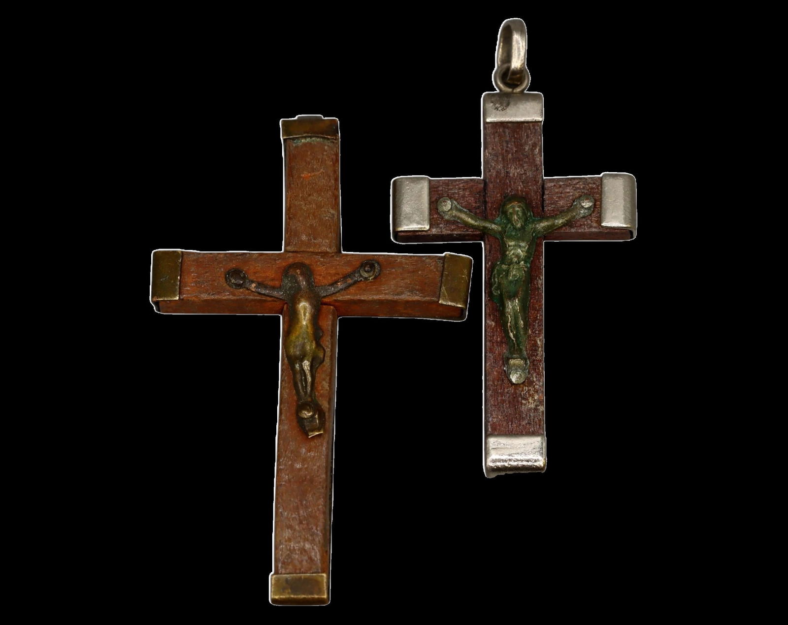 EUROPE: Pair of Vintage Wooden Crucifixes - Metal AcCents Coin (1 of 3)