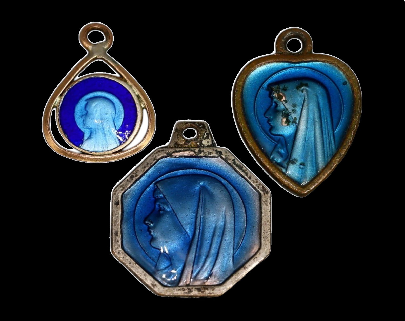 FRANCE: Set of 3 Blue Enamel Lourdes Medals - Virgin Mary and Bernadette, c. 1920 (1 of 3)