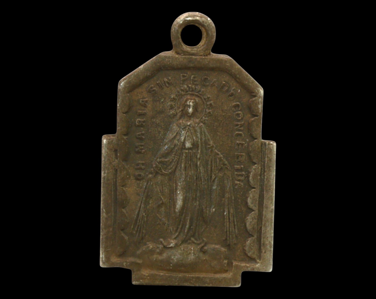 SPAIN: Immaculate Conception Bronze Devotional Medal - Miraculous Medal Type, 19th/20th Century: A distinctive bronze devotional medal featuring the Immaculate Conception, inspired by the Miraculous Medal tradition. The obverse showcases the Virgin Mary standing on the crescent moon, encircled by