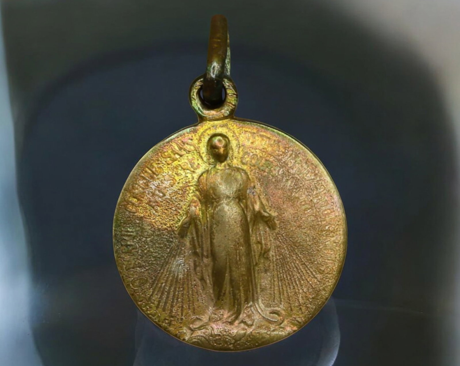 FRANCE: Miraculous Medal - Virgin Mary with Marian Cross, 19th Century: An elegant 19th-century French Miraculous Medal, depicting the Blessed Virgin Mary standing with arms outstretched, radiating divine grace, encircled by the Latin inscription "O Mary Conceived Without