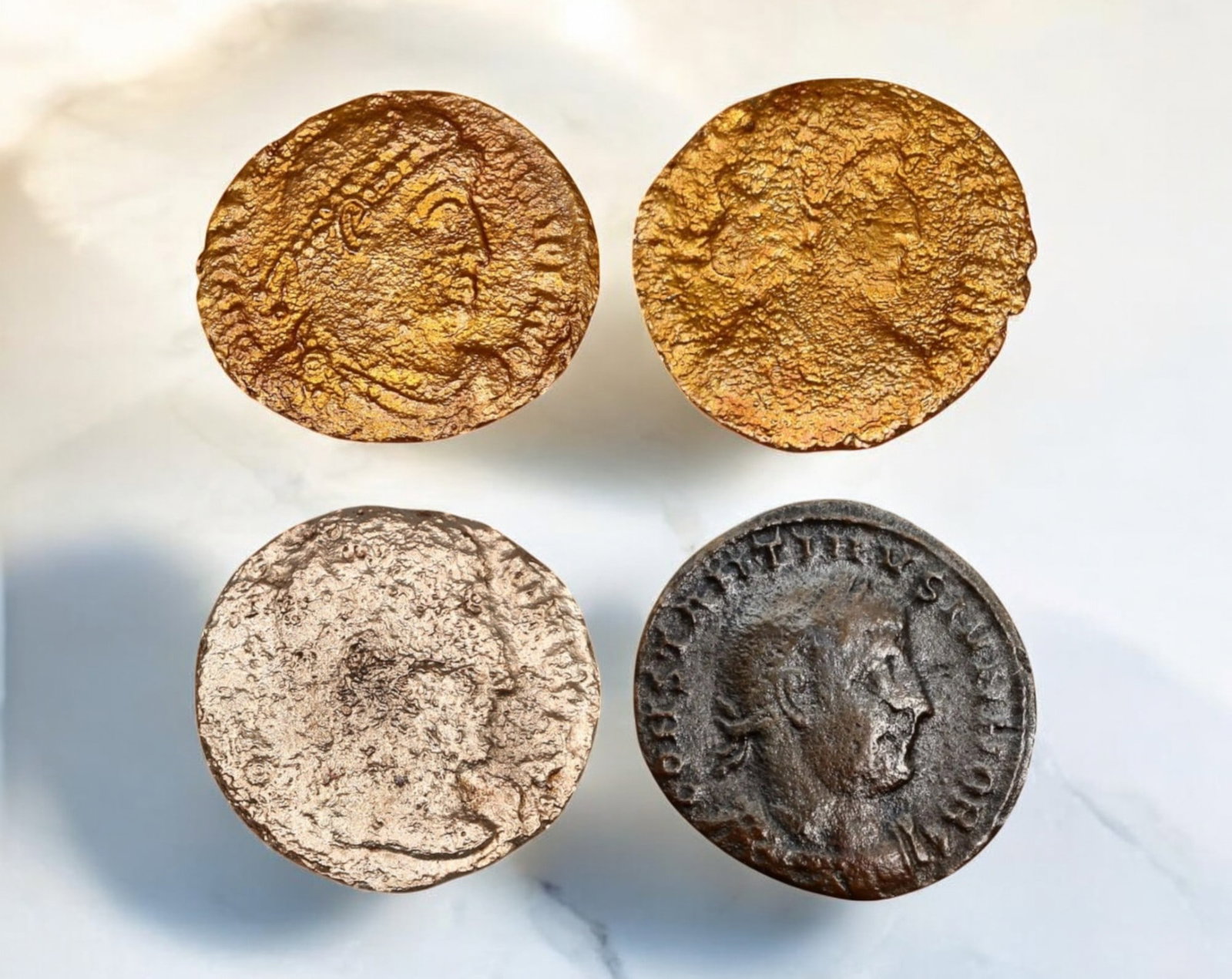 ROMAN EMPIRE: Lot of 4 Late Roman Bronze AE Coins 16-17mm, c. 3rd-5th Century AD: A mixed lot of four late Roman bronze AE coins, representing the turbulent era of the later empire. These coins likely feature emperors from the 3rd to 5th centuries AD, a period marked by military cr
