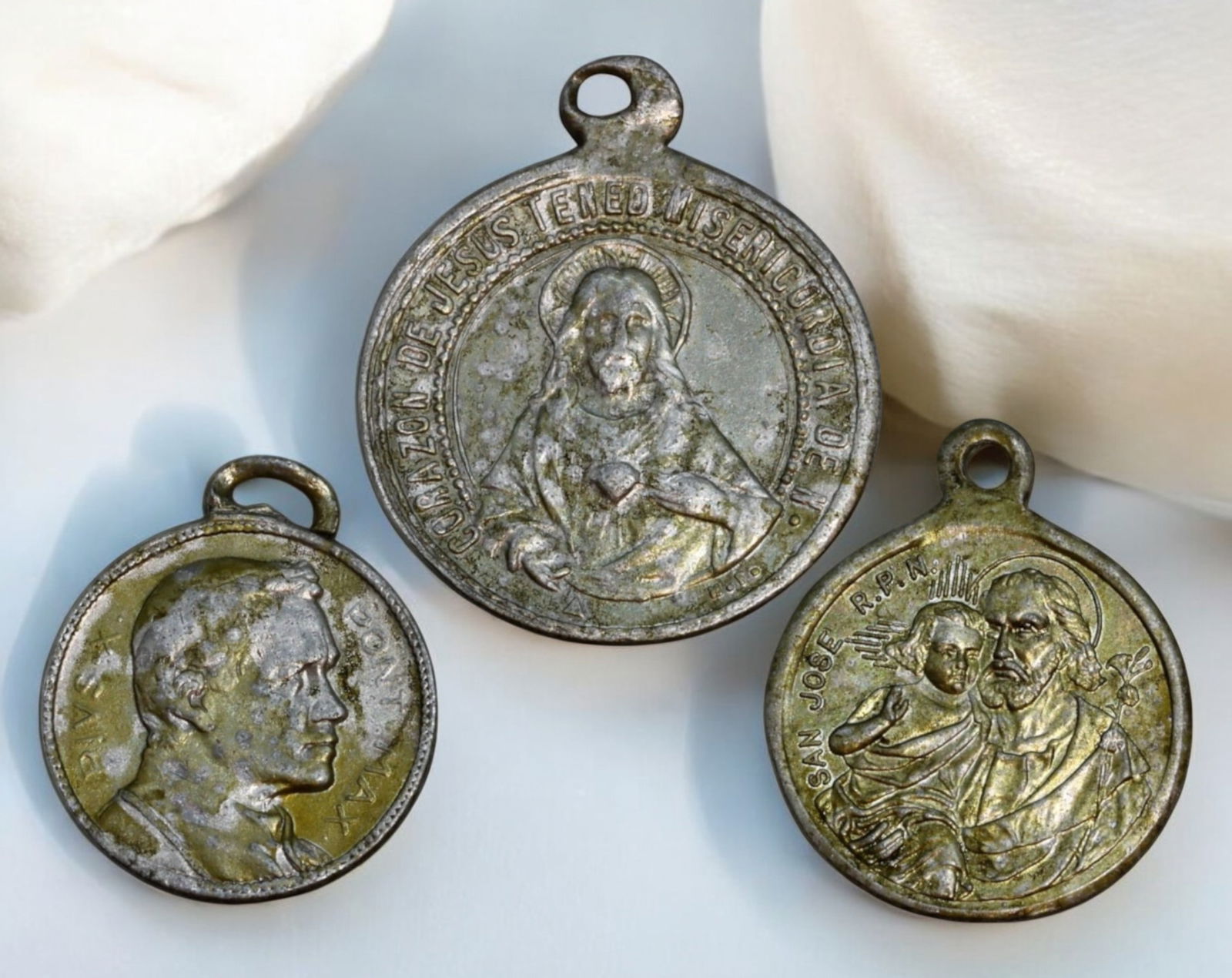 SPAIN: Religious Medals - Sacred Heart, Mt. Carmel & St. Joseph (Set of 3, c. 1900) (1 of 3)