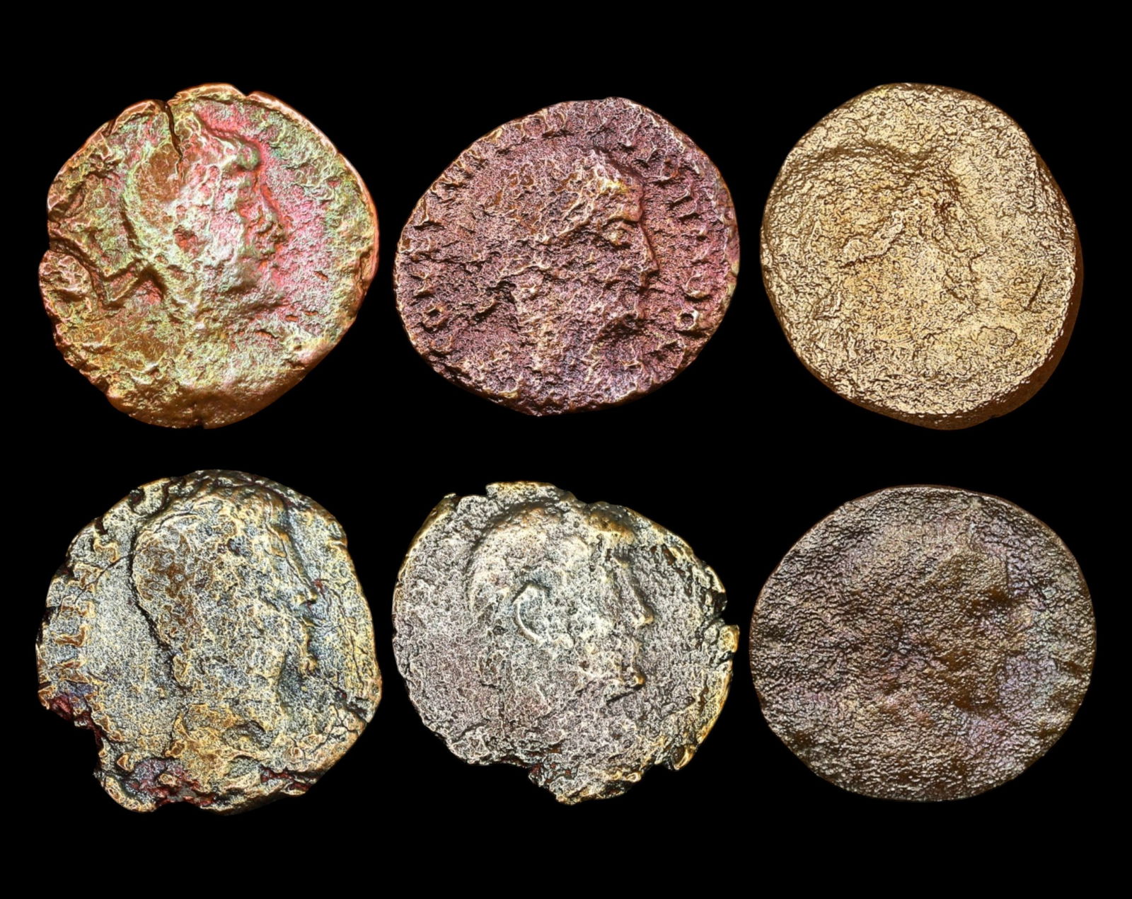 ROMAN EMPIRE: Lot of 6 AE Coins - Imperial Bust & Provincial Types, 14-18mm: A well-preserved lot of six Roman bronze coins, featuring imperial busts, inscriptions, and provincial designs, dating from the 3rd to 4th century AD. Several coins exhibit traces of radiate or laurea