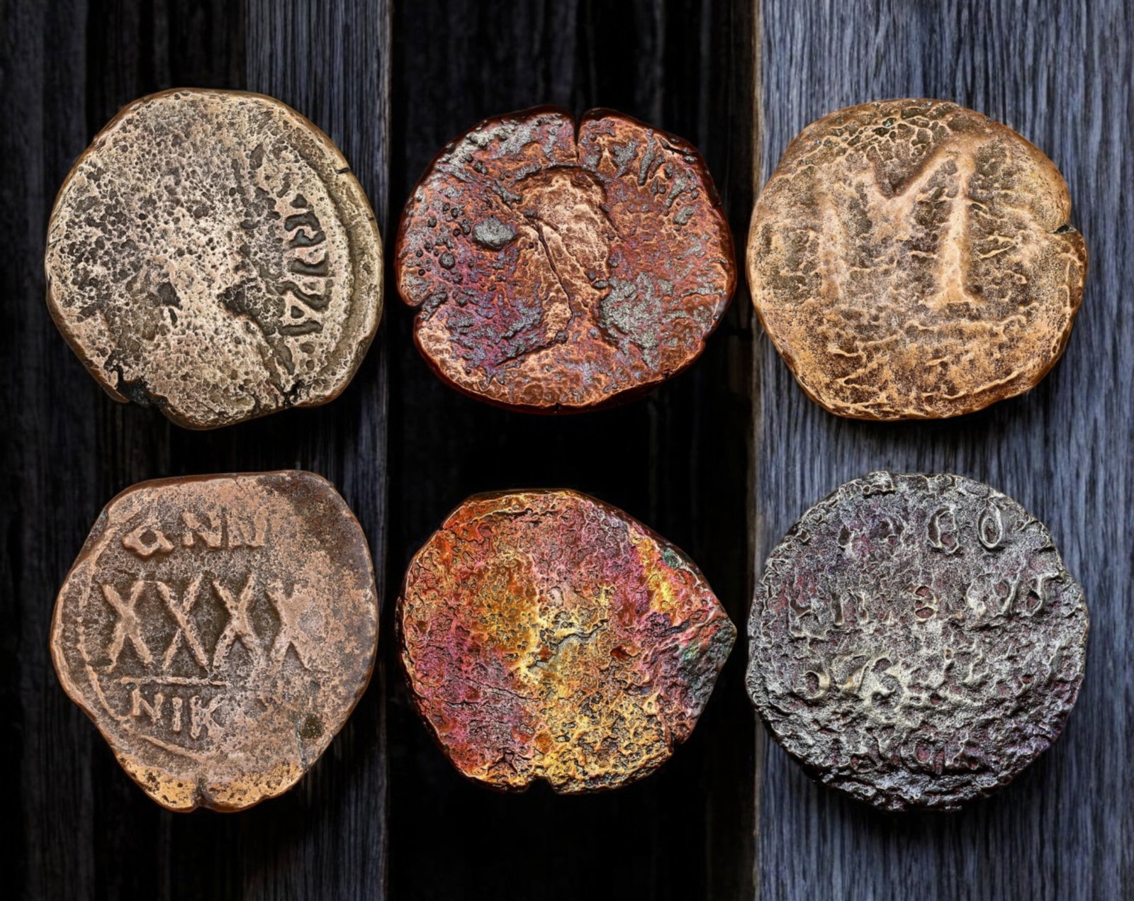 BYZANTINE EMPIRE: Lot of 6 Bronze Follis Coin - Large Module Issues, 6th-9th Century AD: A diverse selection of six Byzantine bronze folles, each showcasing the distinctive large-module style used during the empire's monetary reforms. These coins feature bold denomination markings, imperi