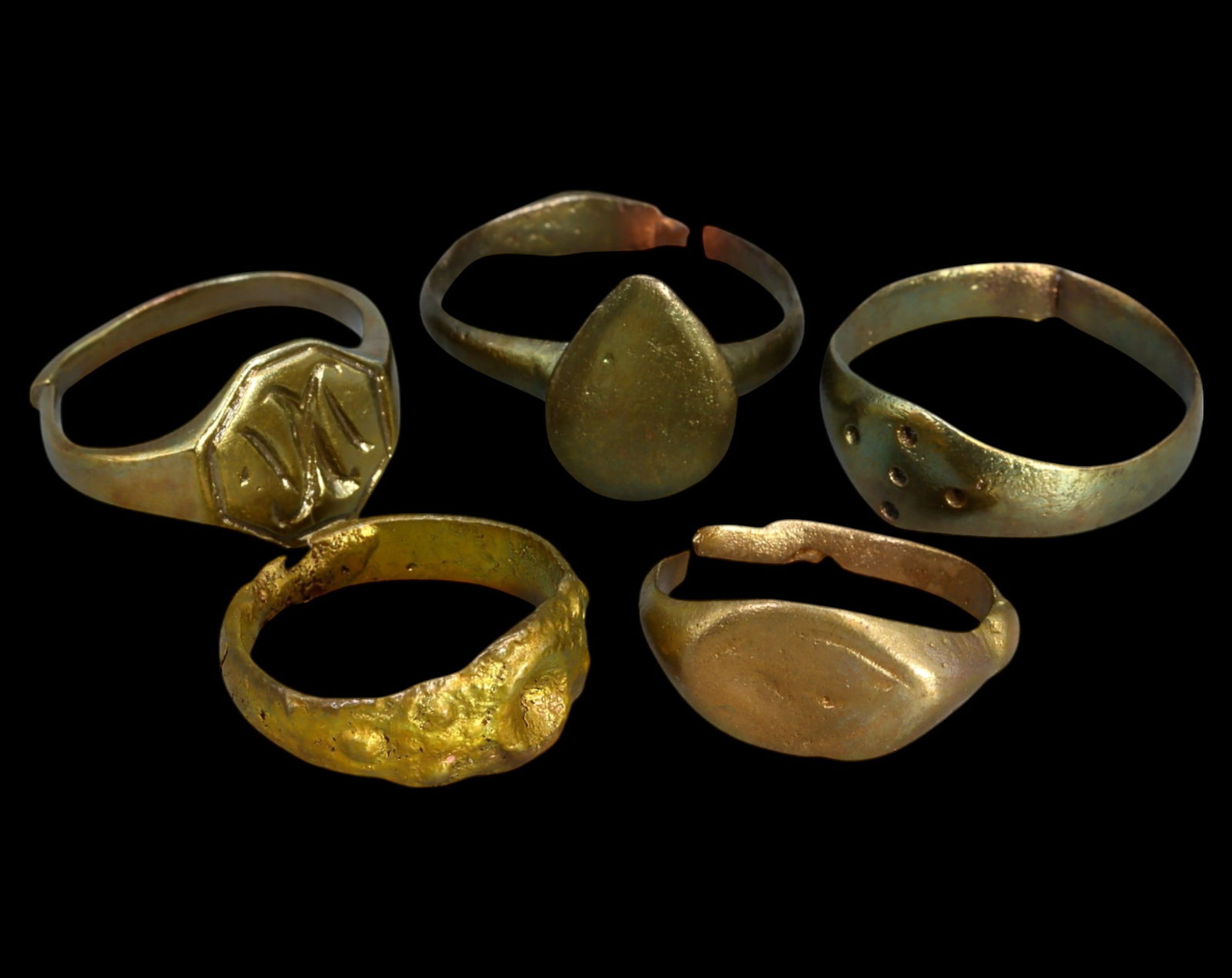MEDIEVAL EUROPE: Set of Five Bronze Signet and Decorative Rings, c. 10th-14th Century (1 of 1)