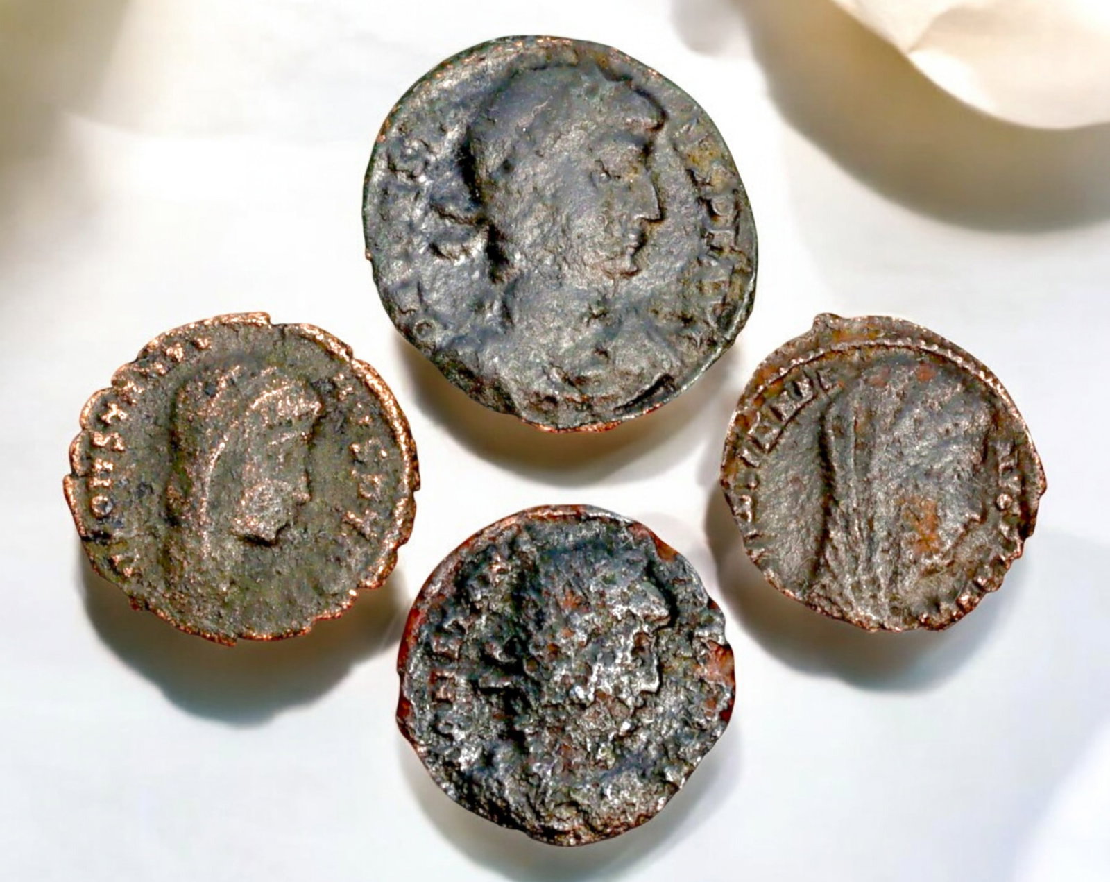 ROMAN EMPIRE: AE Coins - Bronze Coins, 15-19mm, 6g (Lot of 4): A collection of four ancient Roman bronze coins, each featuring a distinct imperial portrait on the obverse and various symbolic or military-themed reverses. These coins, essential to Roman commerce a