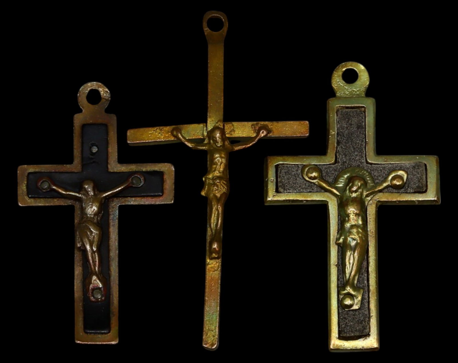 SPAIN: Set of Three Brass and Enamel Crucifixes - 19th-20th Century (1 of 3)