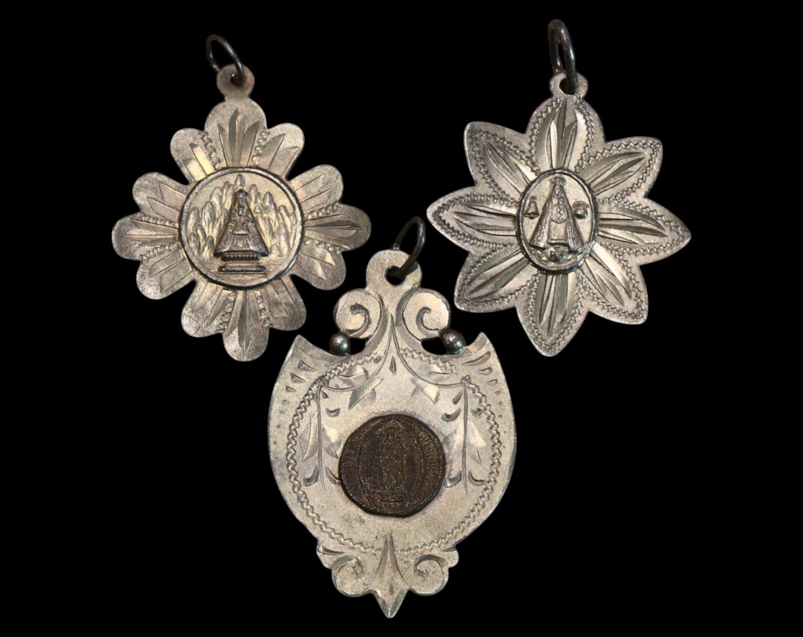SPAIN: Set of Three Silver Devotional Medals - Virgin of Montserrat & Nuria, 19th-20th Century (1 of 3)