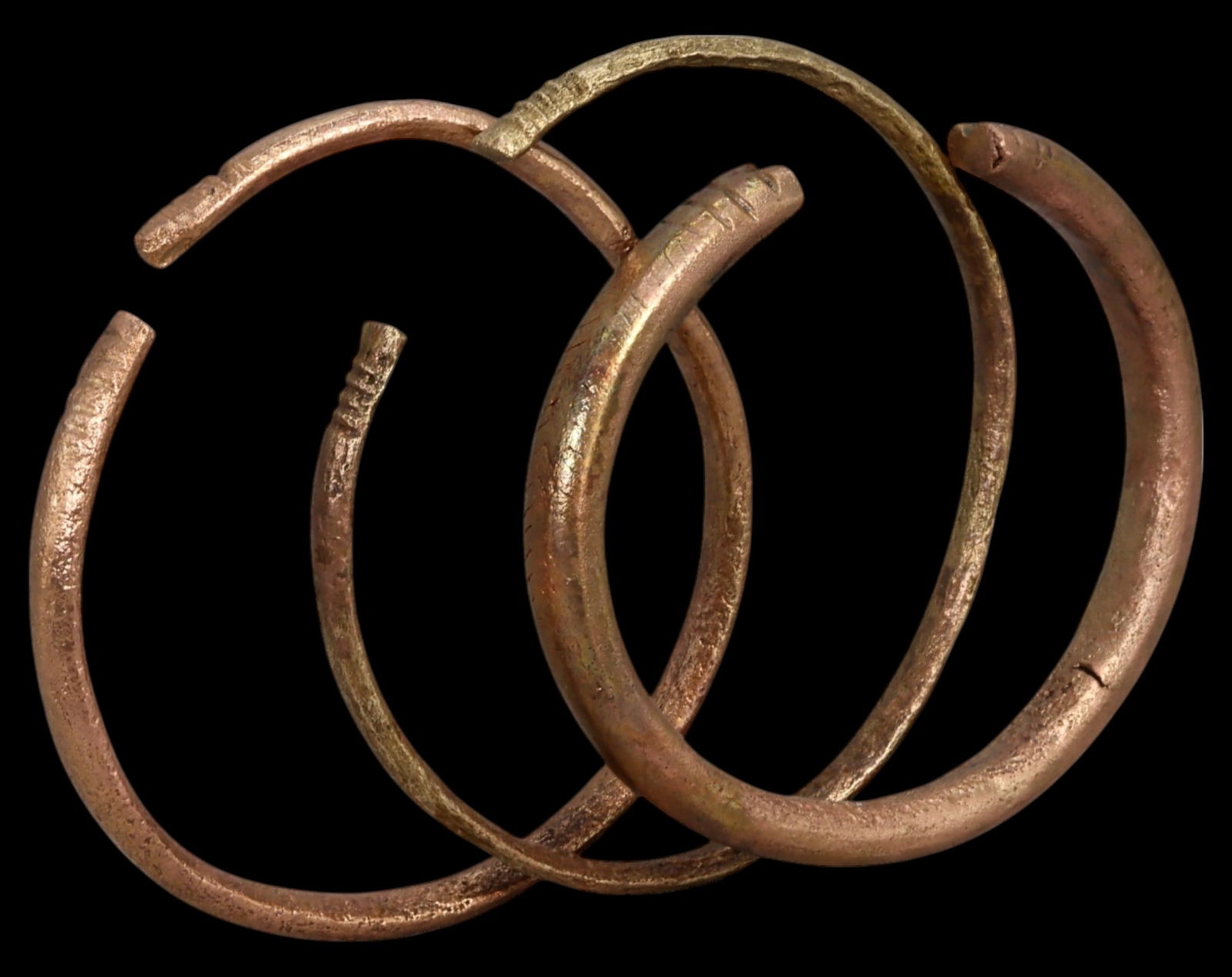 WEST AFRICA: Set of Three Cast Bronze Manilla Currency Bracelets - 5.7x6.2cm, 65g,17th-19th Century (1 of 2)