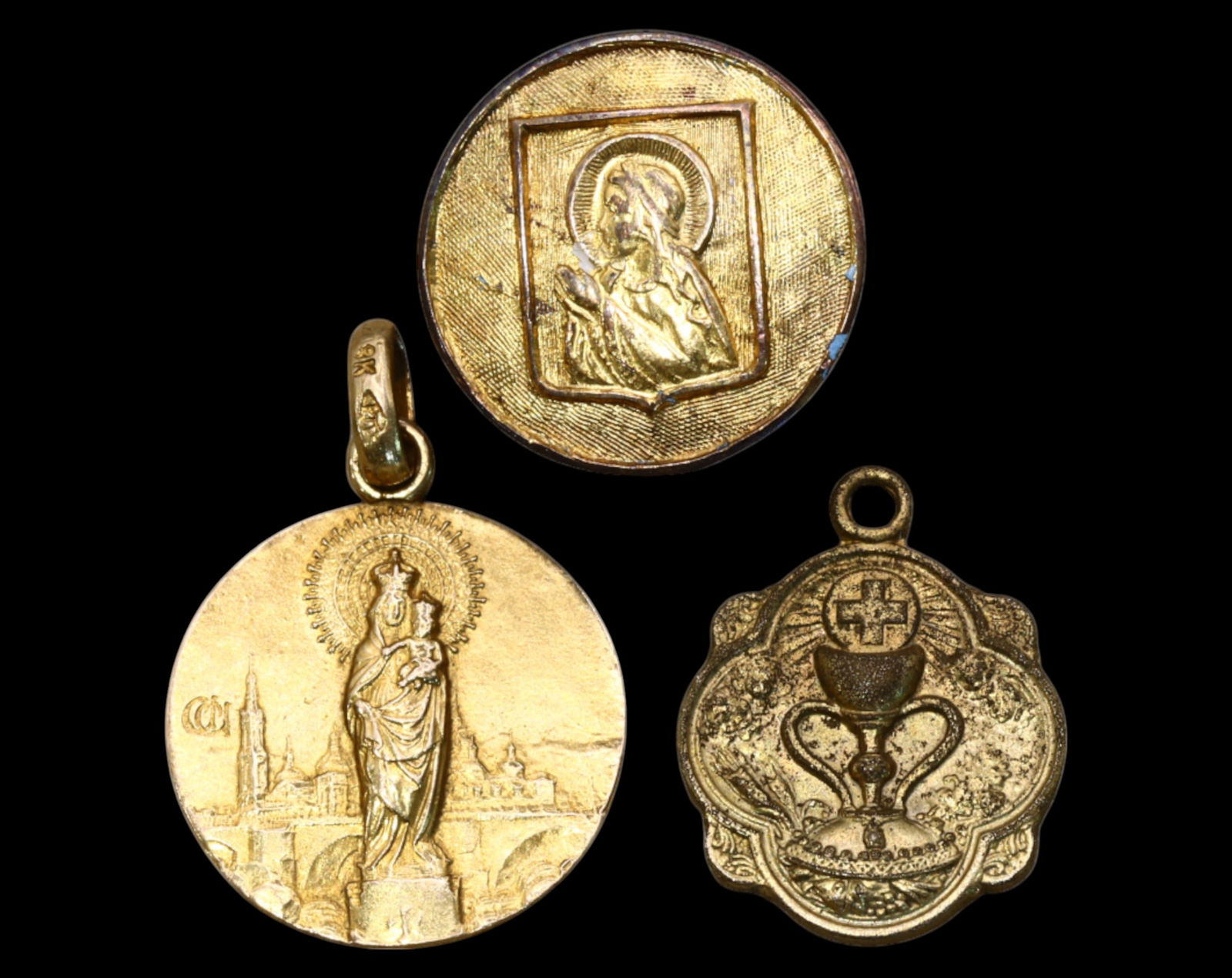 SPAIN: Set of 3 Religious Medals - Holy Chalice & Virgin Mary, Gilded Base Metal, 1930s (1 of 3)
