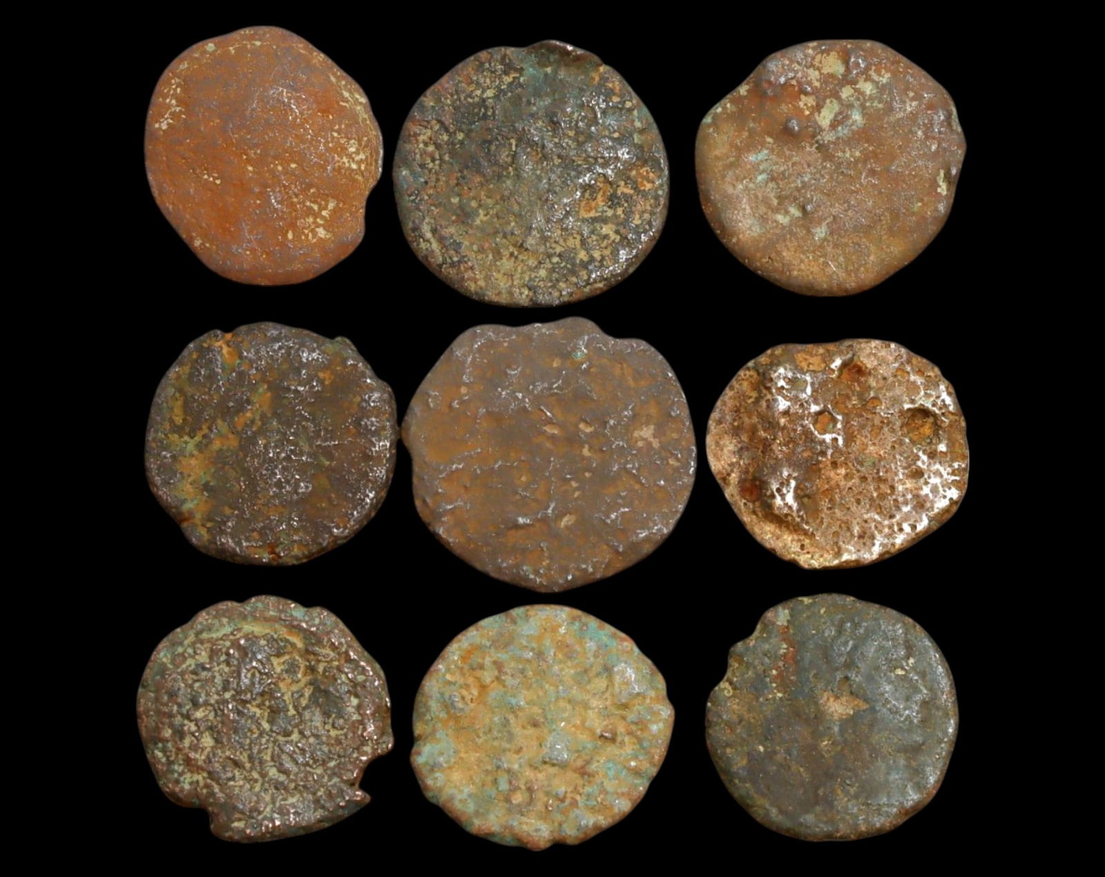 ROMAN EMPIRE: AE Coins - Bronze Coins, 12-15mm, 10.7g (Lot of 9): A collection of ancient Roman bronze coins, each featuring a distinct imperial portrait on the obverse and various symbolic or military-themed reverses. These coins, essential to Roman commerce and go