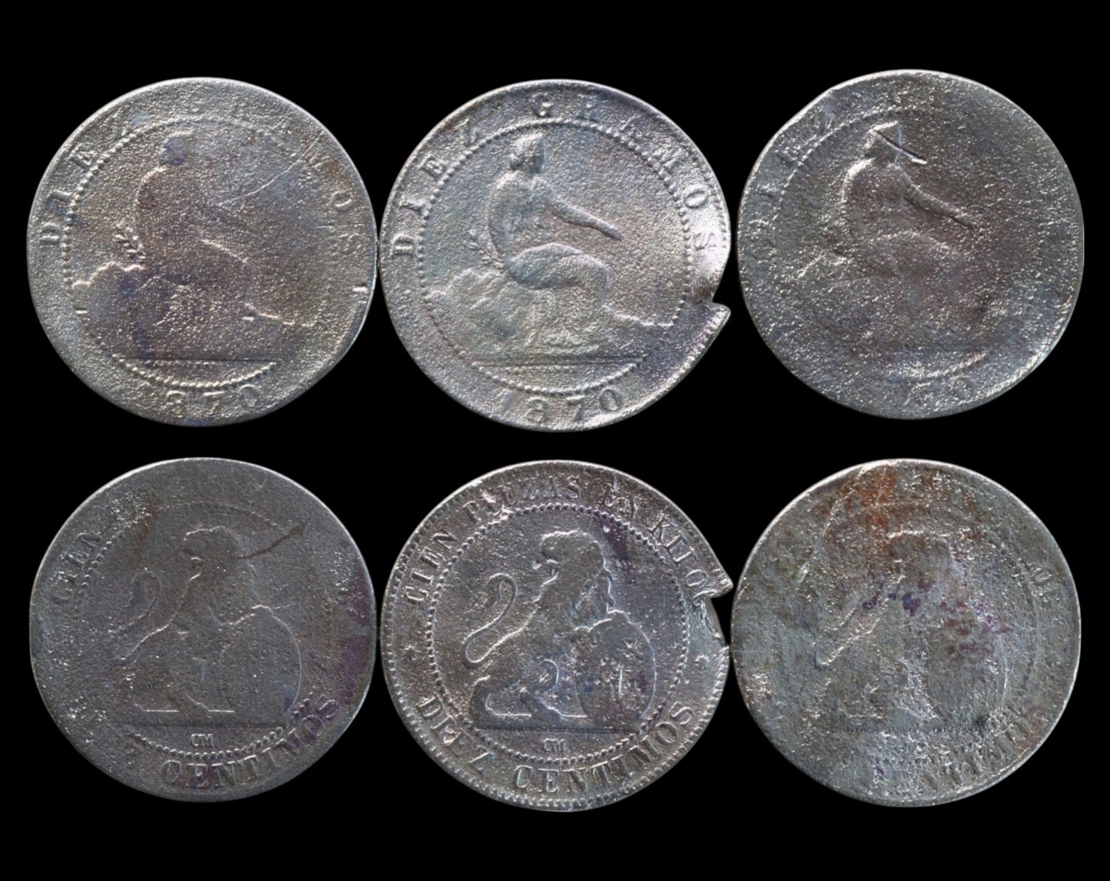 SPAIN: Provisional Government - Bronze 10 Centimos Coin, 1870 (3-Coin Lot) (1 of 3)