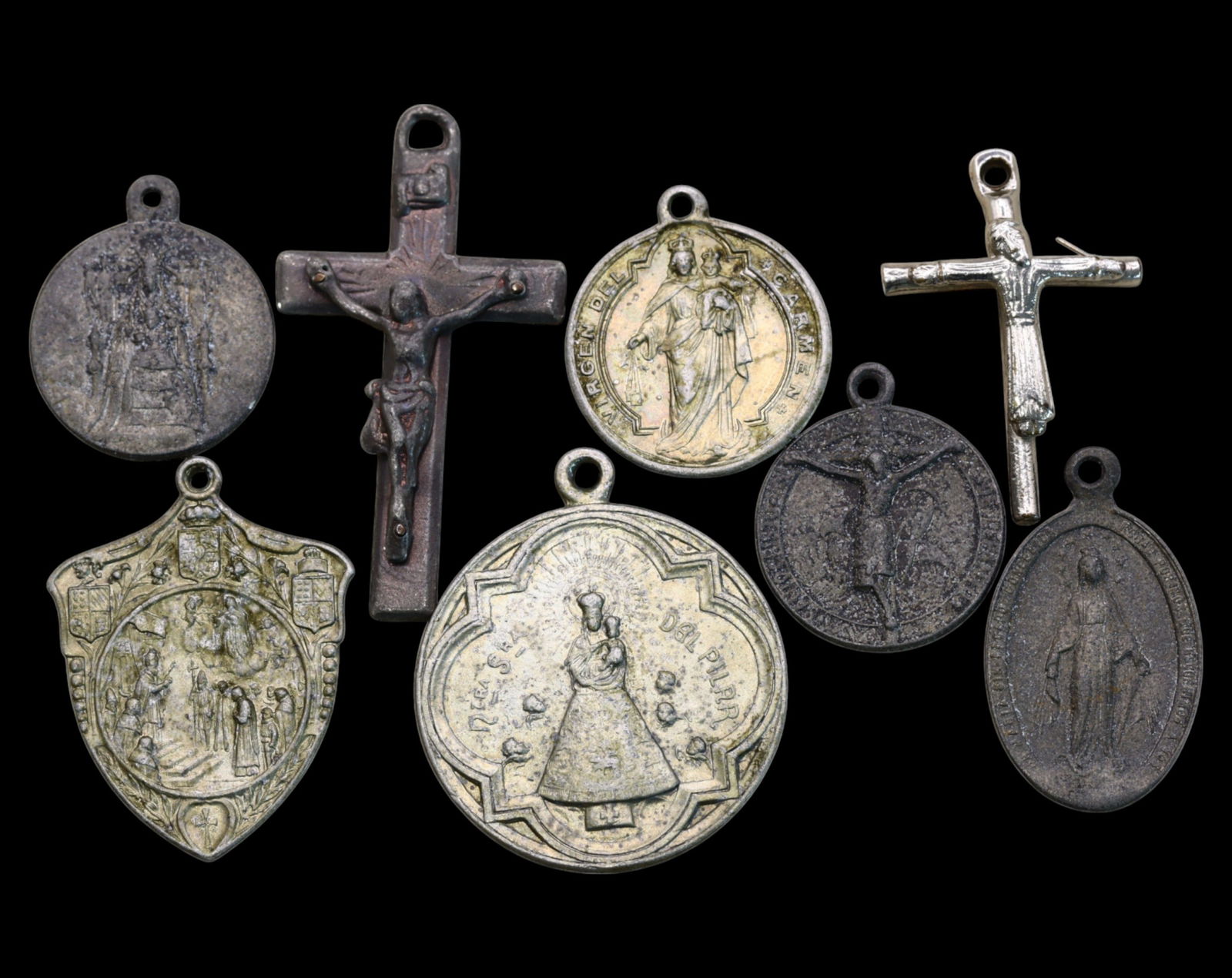 SPAIN: Religious Medals & Crucifix Lot - Marian Shrines & Papal Commemorations, (8pcs) (1 of 3)