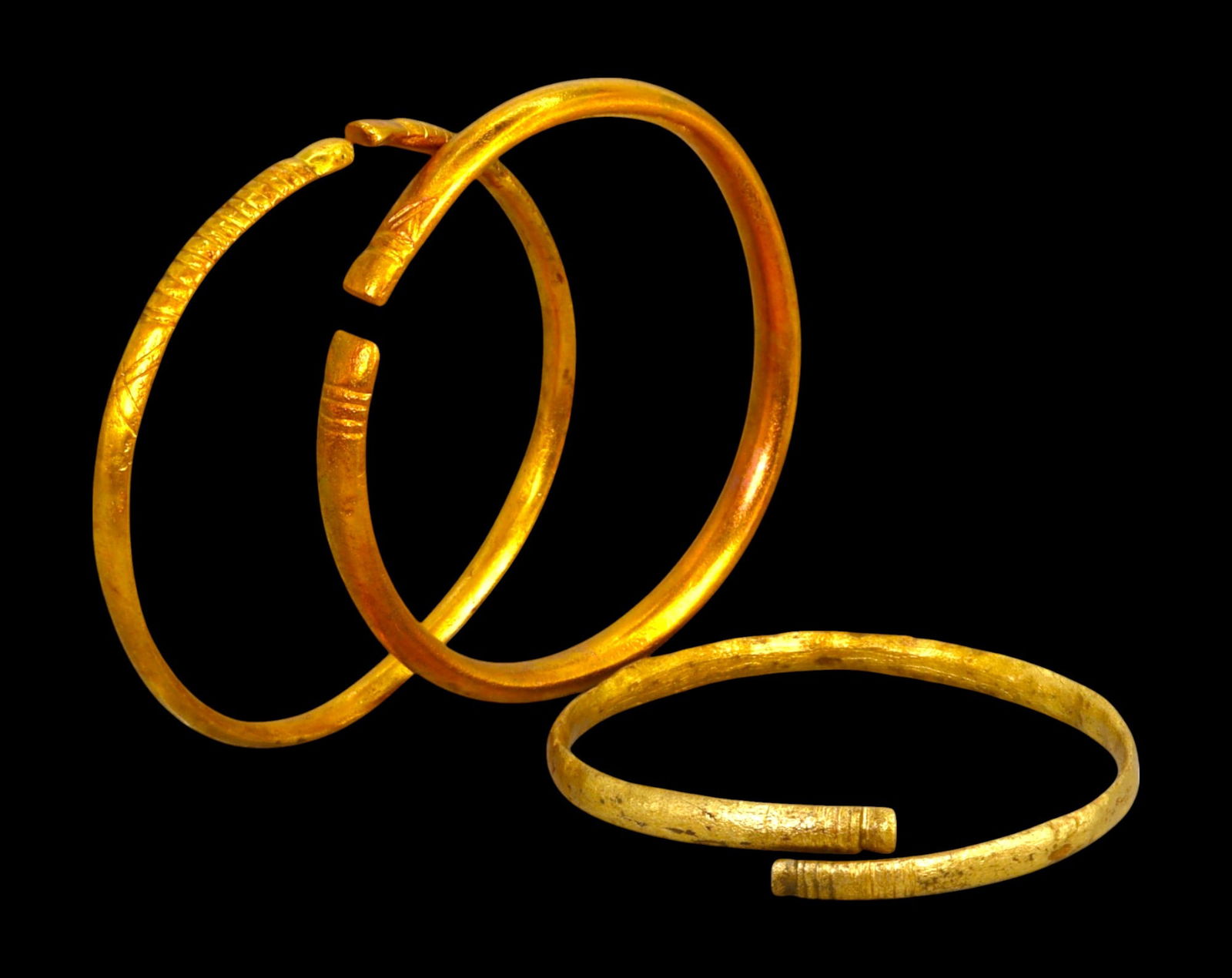 WEST AFRICA: Akan Gold-Dusted Bronze Currency Bracelets (Set of 3) - 19th-20th C, 5.6-6.2cm, 62g (1 of 2)
