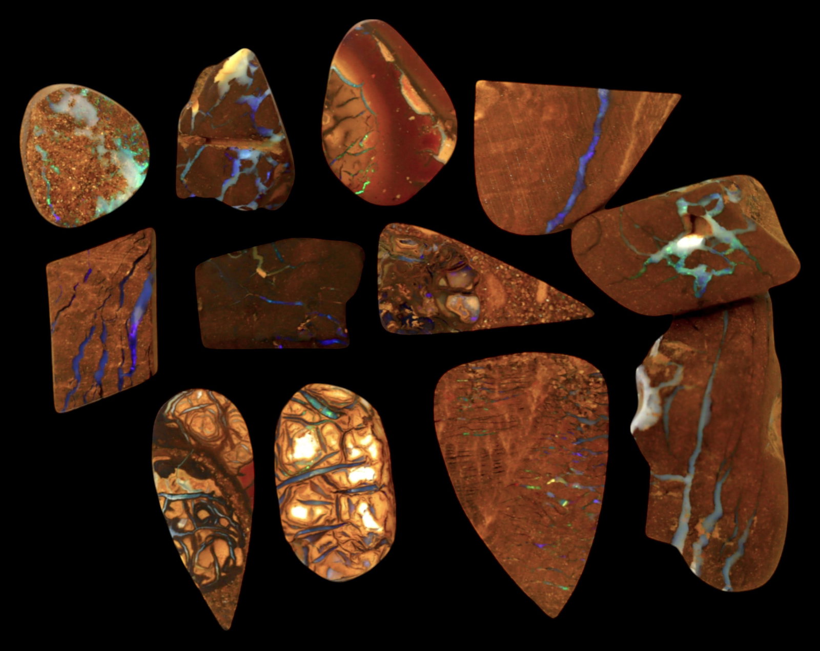 AUSTRALIA: Matrix Boulder Opal Preform Rough Lot, 23g, 1-2.5cm Each: A stunning selection of matrix boulder opal rough, sourced from Australia's renowned opal fields in Queensland. These preform-cut rough specimens display vivid flashes of blue, green, and purple opale