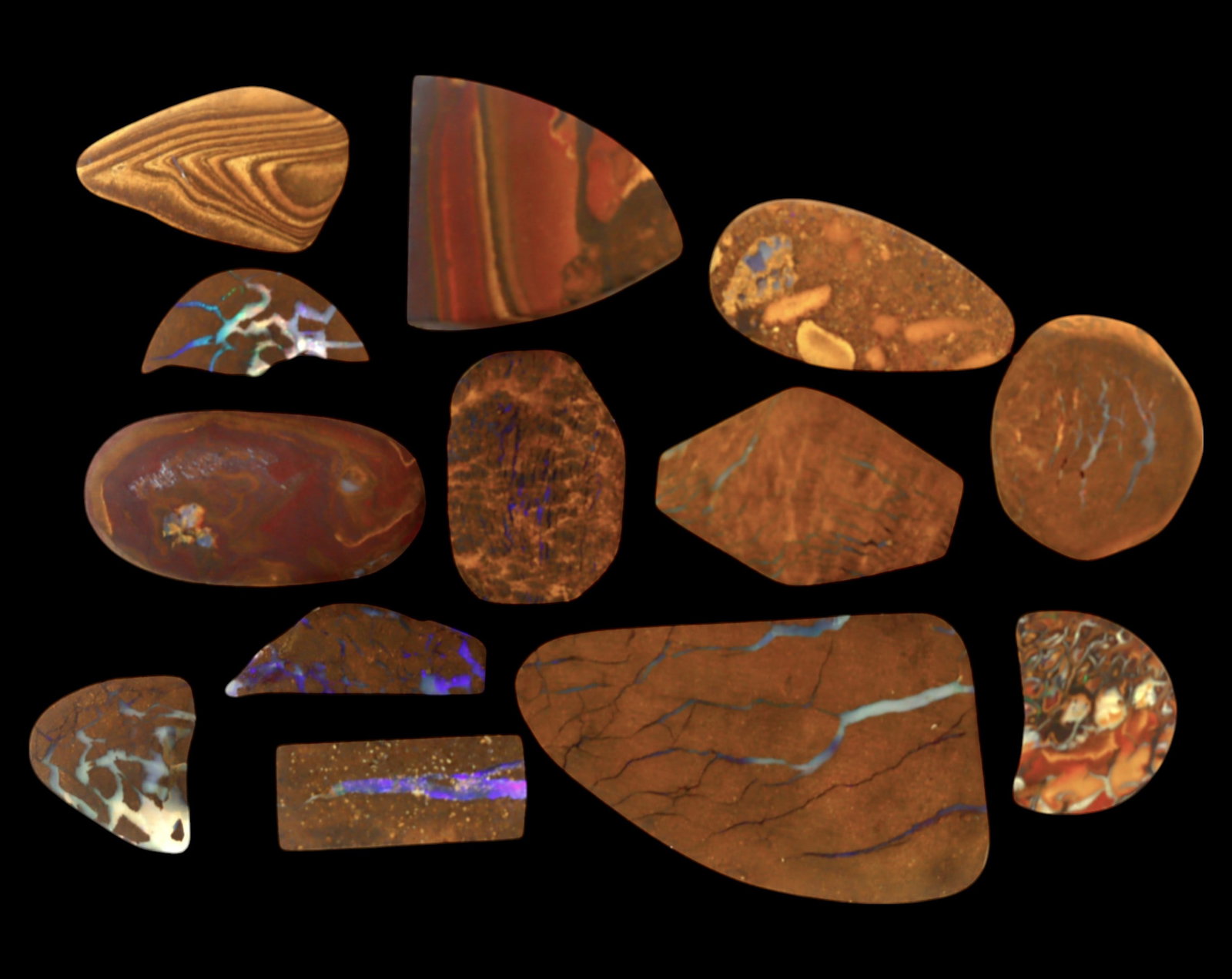AUSTRALIA: Matrix Boulder Opal Preform Rough Lot, 26g, 1-3cm Each: A stunning selection of matrix boulder opal rough, sourced from Australia's renowned opal fields in Queensland. These preform-cut rough specimens display vivid flashes of blue, green, and purple opale