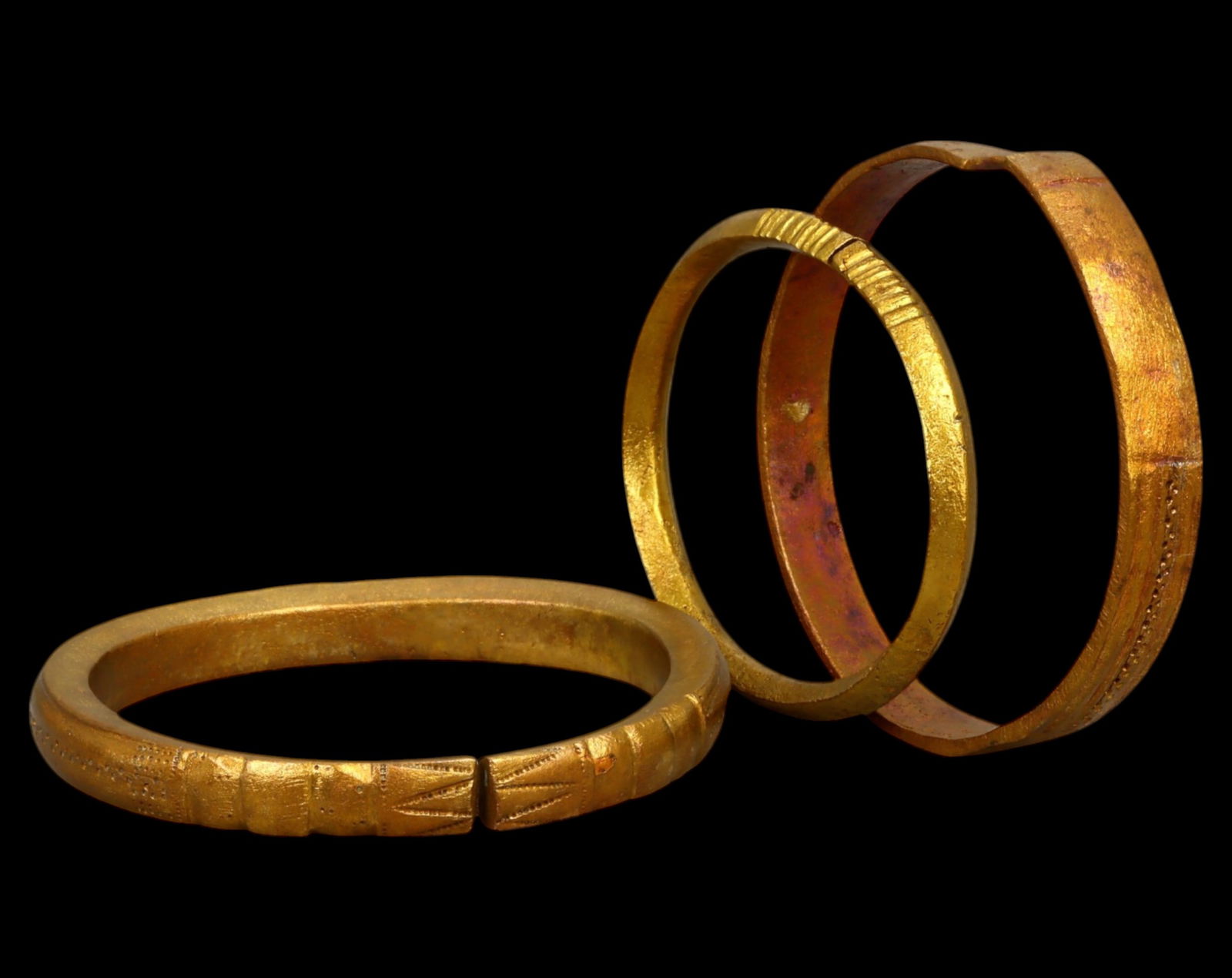 WEST AFRICA: Akan Gold-Dusted Bronze Currency Bracelets (Set of 3) - 19th-20th Century, 7-8.5cm, (1 of 2)
