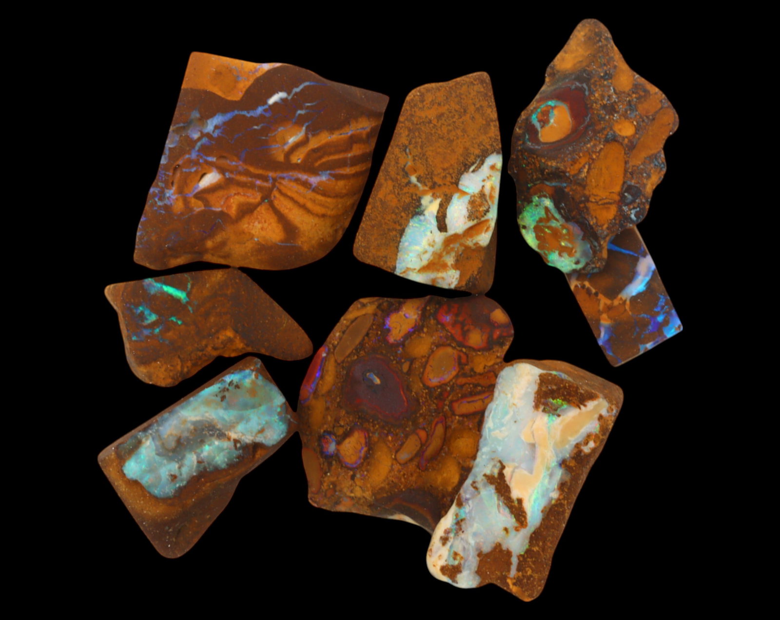 AUSTRALIAN MATRIX BOULDER OPAL - Rough Lot, 37g, 1-2.7cm (Images Taken Wet): A striking lot of natural Australian matrix boulder opal rough. These raw specimens display mesmerizing flashes of blue, green, and gold veins running through ironstone, characteristic of high-quality