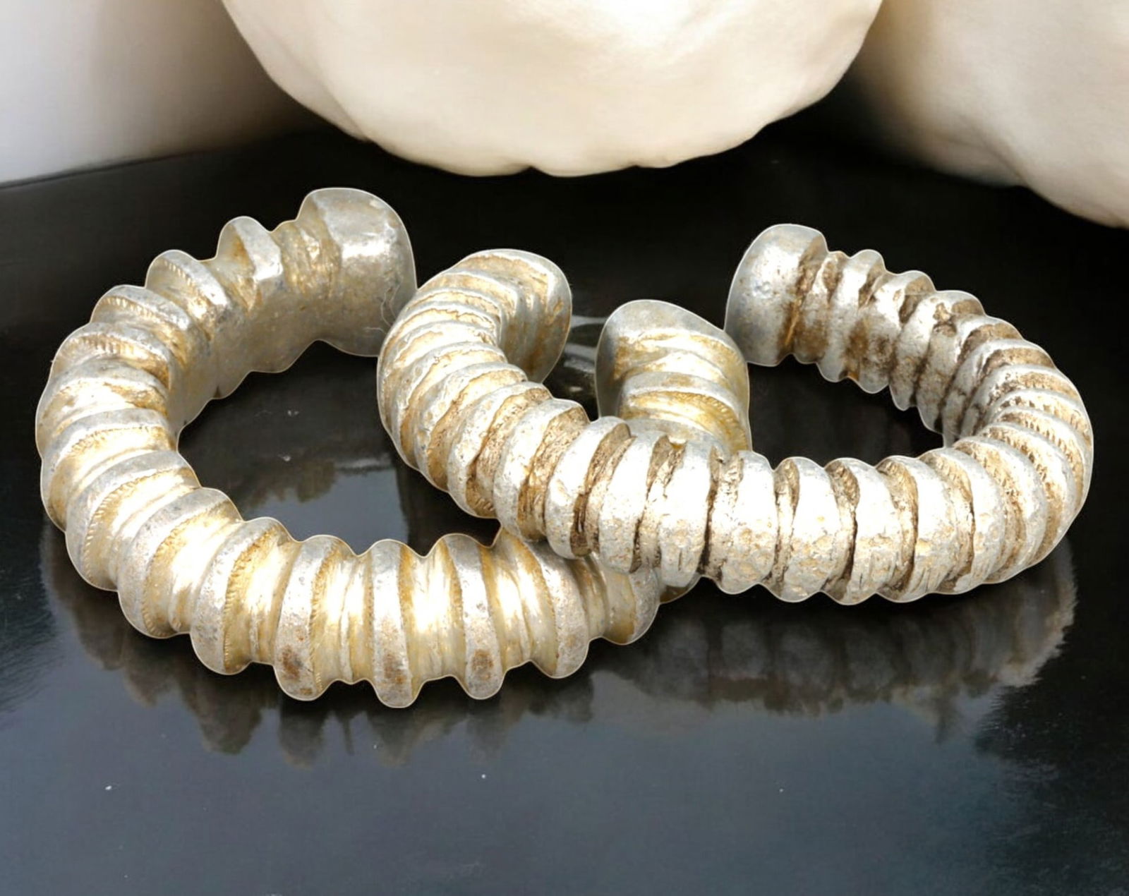 WEST AFRICA: Fulani & Bamileke Ribbed Aluminum Currency Bracelets - 7.5cm, 136g (2pcs), 19th/20th C. (1 of 2)