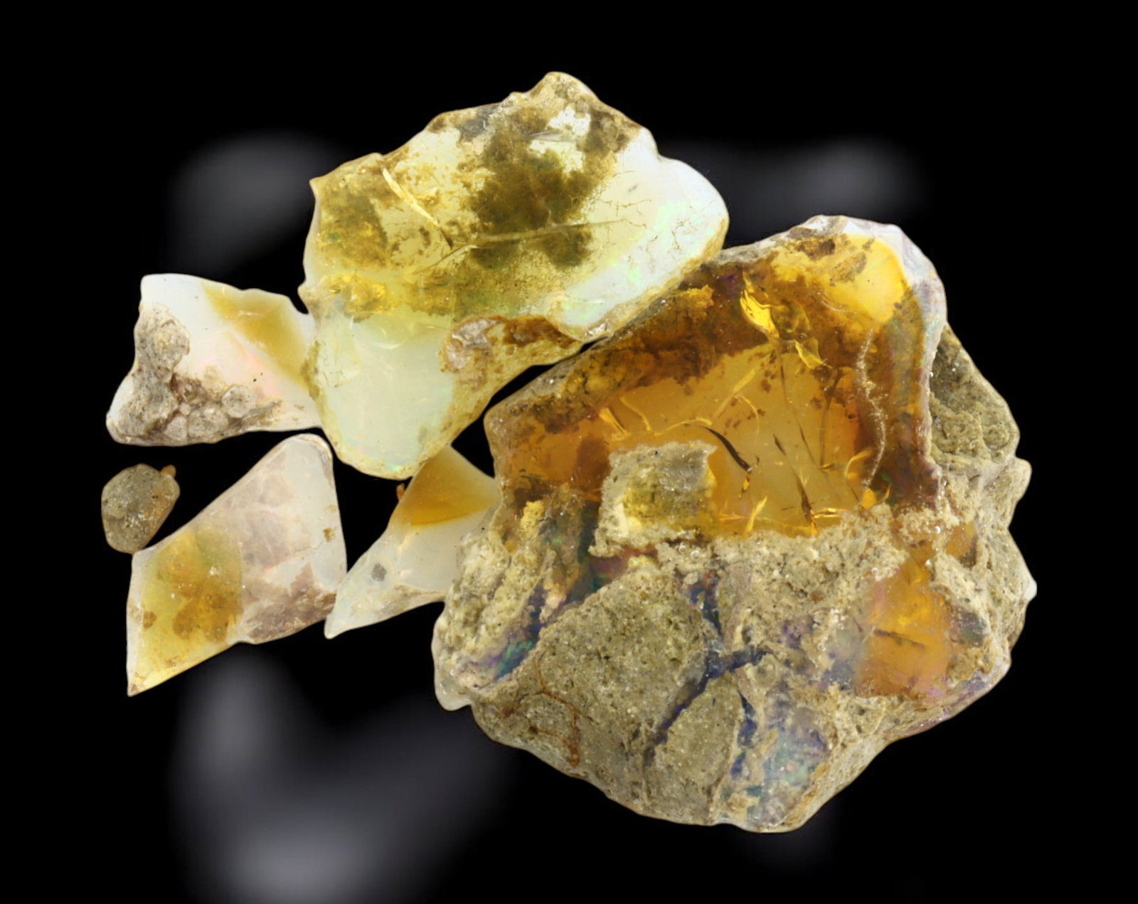 ETHIOPIA: Delanta Mine Non-Hydrophane Opal Rough - 5-Piece Specimen, 20g, 1-3cm: A striking 3-piece collection of rough non-hydrophane opal from the renowned Delanta mine, Ethiopia, totaling 28 grams with individual pieces ranging from 2.3 to 3 cm. These opals exhibit a captivatin
