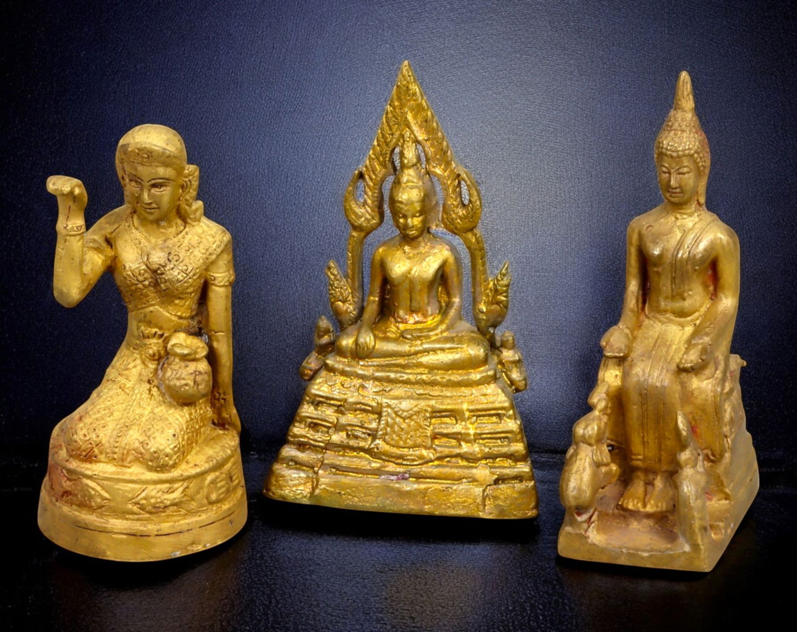 SIAM: Set of Three Gilt Bronze Votive Figures - Buddha & Thephanom, 19th Century (1 of 2)