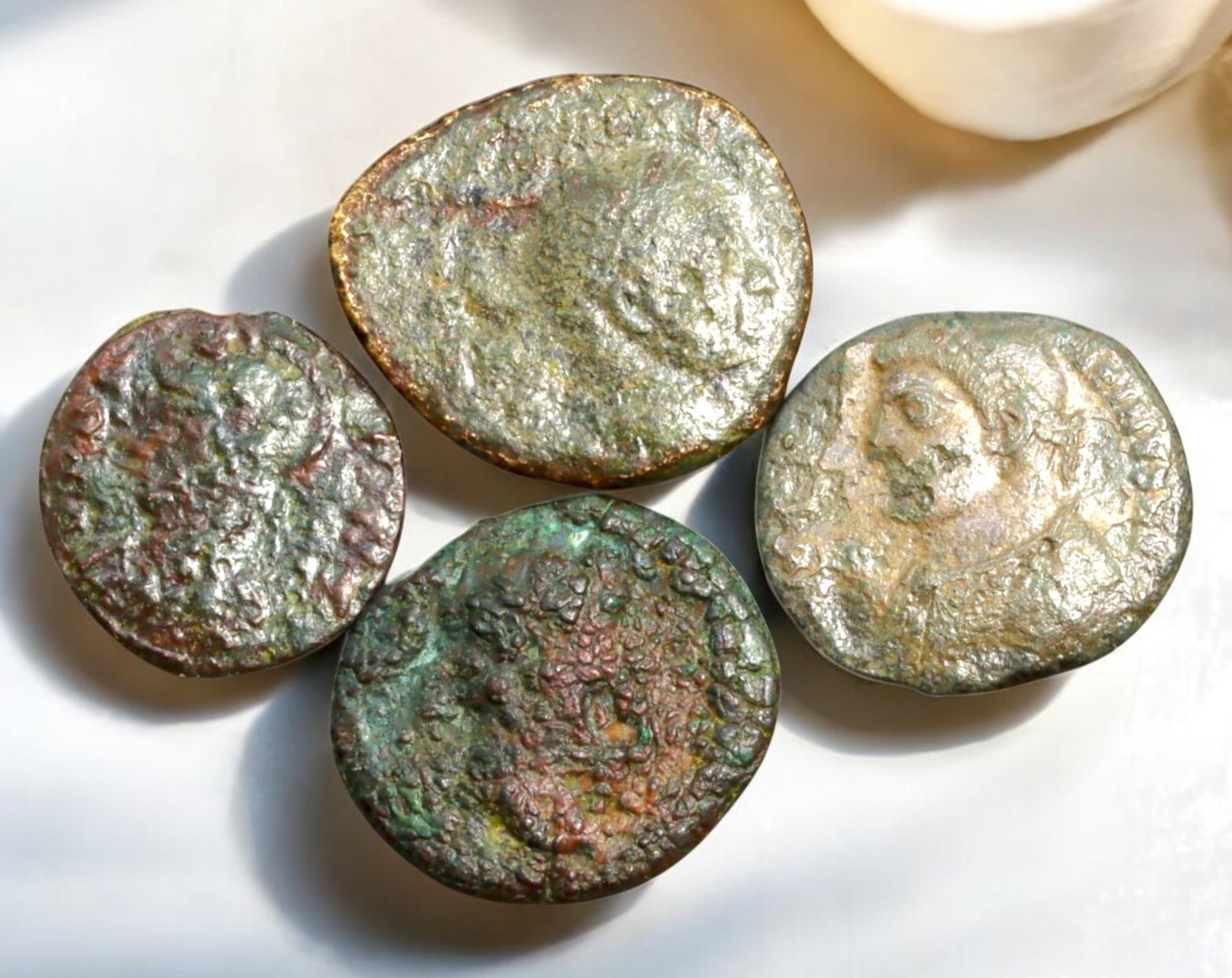 ROMAN EMPIRE: AE Coins - Bronze Coins, 15-18mm, 10g (Lot of 4): A collection of ancient Roman bronze coins, each featuring a distinct imperial portrait on the obverse and various symbolic or military-themed reverses. These coins, essential to Roman commerce and go