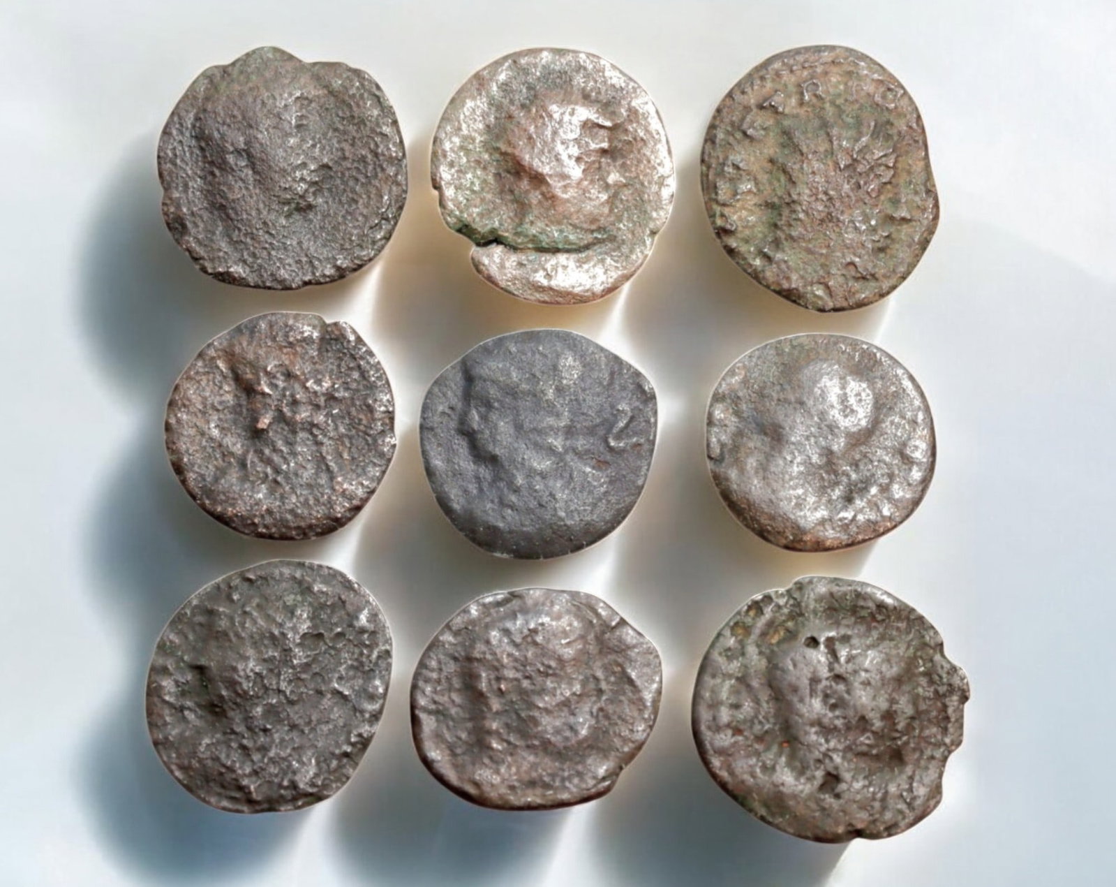 ROMAN EMPIRE: AE Coins - Bronze Coins, 14-17mm, 12.6g (Lot of 9): A collection of ancient Roman bronze coins, each featuring a distinct imperial portrait on the obverse and various symbolic or military-themed reverses. These coins, essential to Roman commerce and go