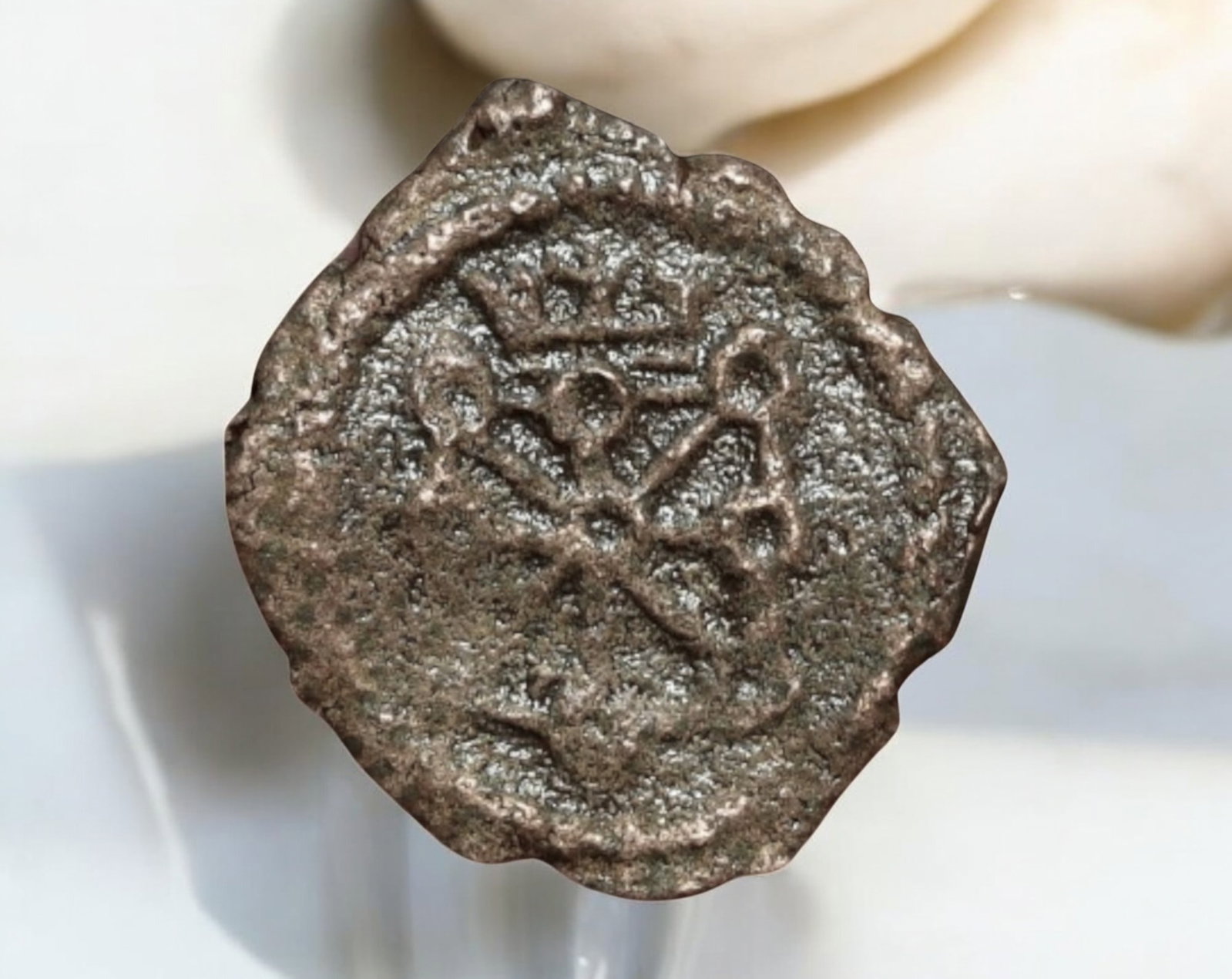 NAVARRE: Medieval Kingdom - Billon Cornado Coin, 12x14mm, 0.8g: A scarce and historically significant billon Cornado from the medieval Kingdom of Navarre, featuring a distinctive cross on the obverse, surrounded by a beaded border, a design commonly associated wit
