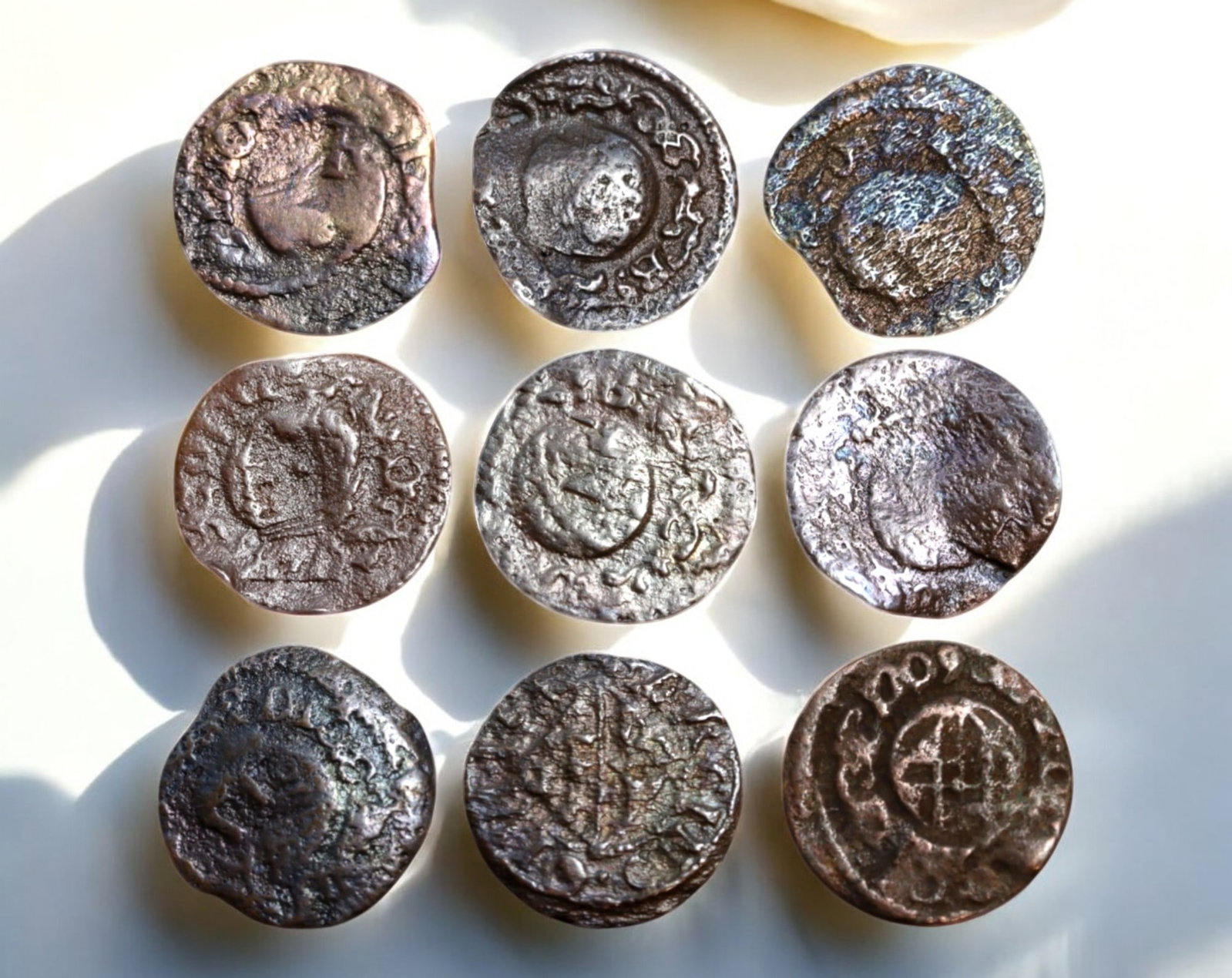 CATALONIA: Ardite Coins Collection - 9pcs, 15-17mm, 6.4g Total: A diverse collection of 9 Ardite coins from the Principality of Catalonia, spanning different rulers and periods within the Libra currency system. These small copper and billon coins were widely used 