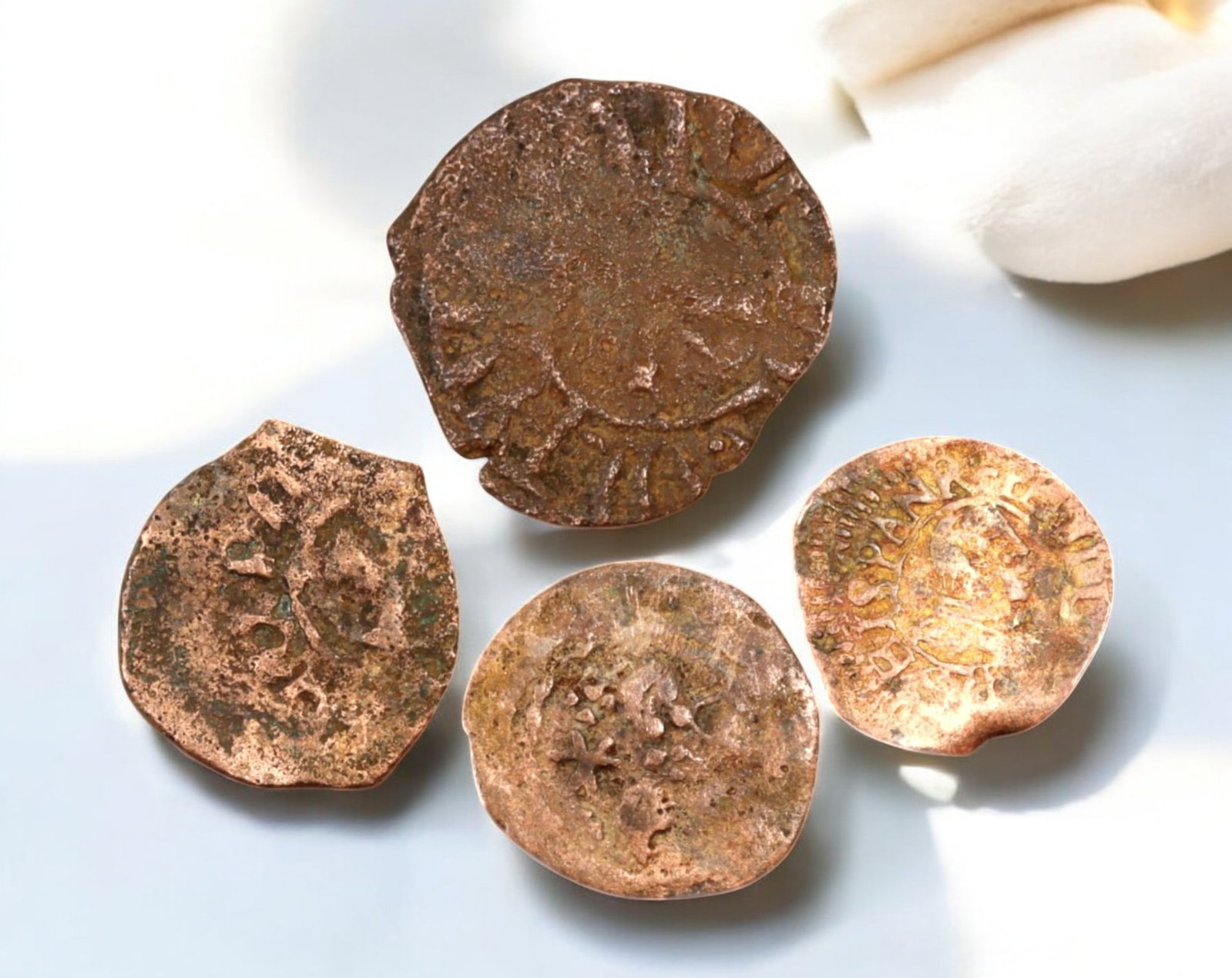 CRUSADER & CHRISTIAN STATES: Mixed Medieval Coins - 4pcs, 17-24mm, 6.1g: A diverse lot of four medieval coins, including three from Crusader and Christian states alongside one Spanish States coin, spanning the 12th to 15th centuries. These coins, ranging from 17mm to 24mm 