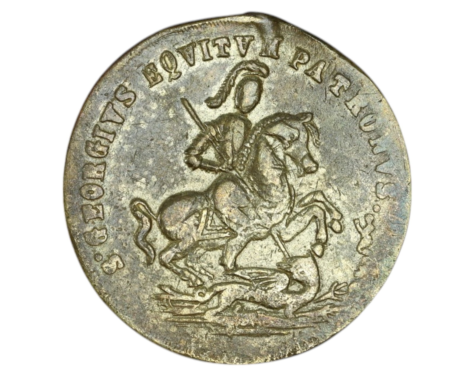 EUROPE: St. George & Maritime Safety Medal Coin Coin - 19th Century: A remarkable 19th-century devotional and maritime protection medal, struck in brass, measuring 28mm in diameter and weighing 5.1g. The obverse presents the classic depiction of St. George slaying the 