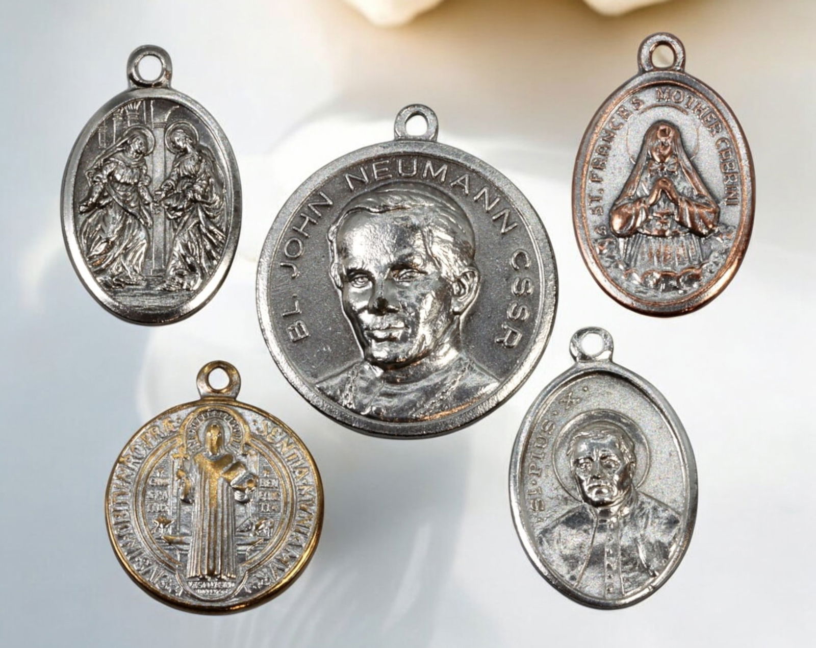 FRANCE: Catholic Devotional Medals - Silvered & Bronze, Saints & Marian Icons (5pcs) (1 of 3)