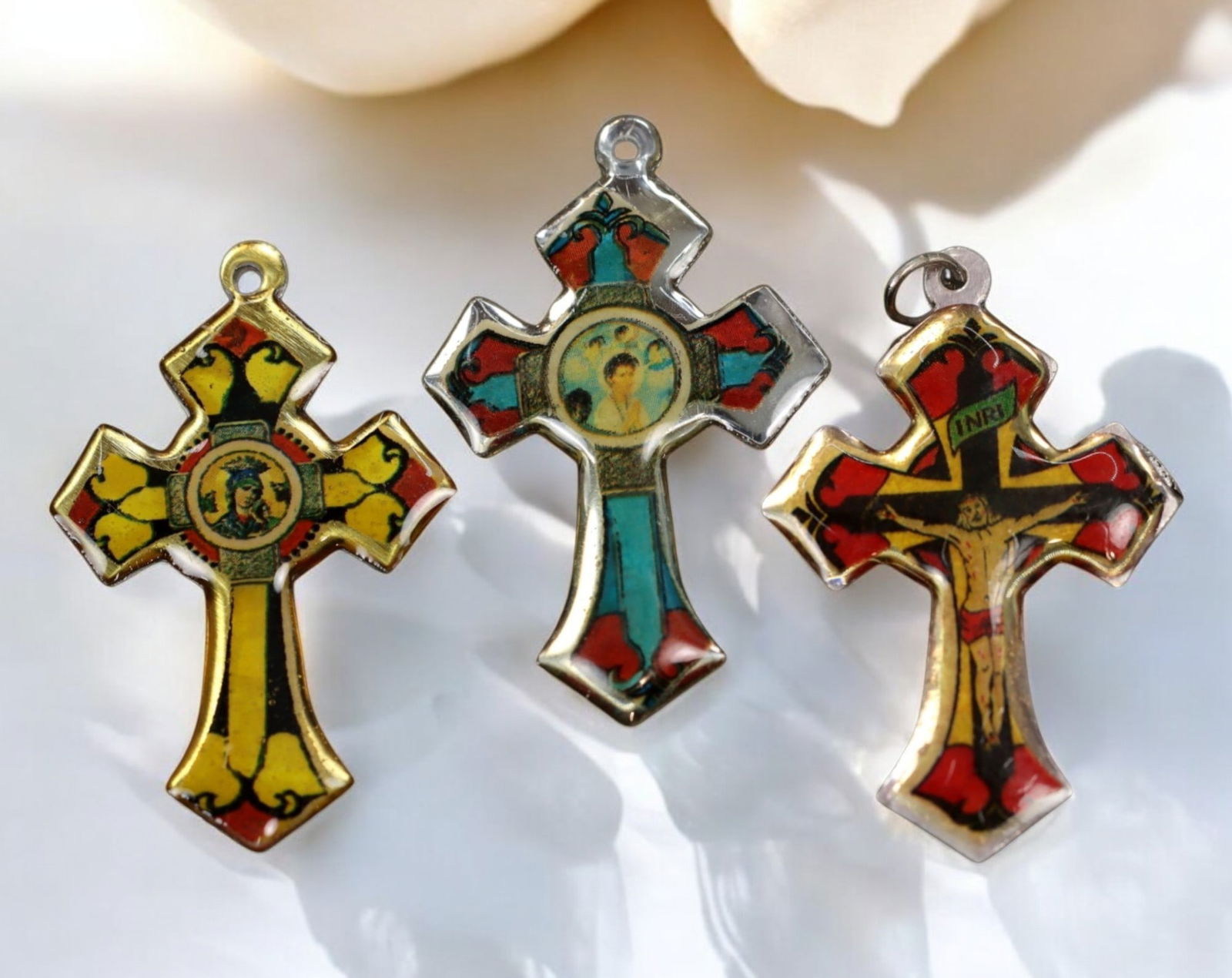 ITALY: Enameled Crucifix Medals - Multicolor Religious Crosses, 3pcs, 20th Century (1 of 3)