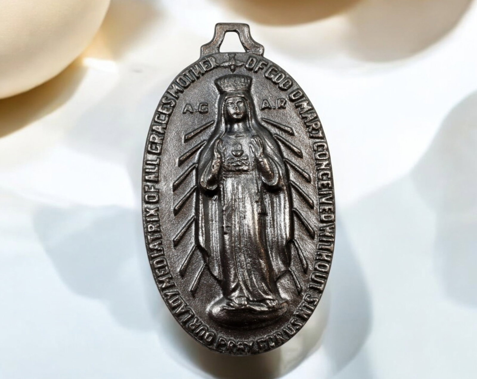 RELIGIOUS MEDAL: Our Lady Mediatrix & St. Michael - Silvered Bronze, 59x33mm, 37.7g: A large and finely cast religious medal, struck in silvered bronze, measuring 59x33mm and weighing 37.7g. The obverse depicts Our Lady Mediatrix of All Graces, with the inscription "OUR LADY MEDIATRIX