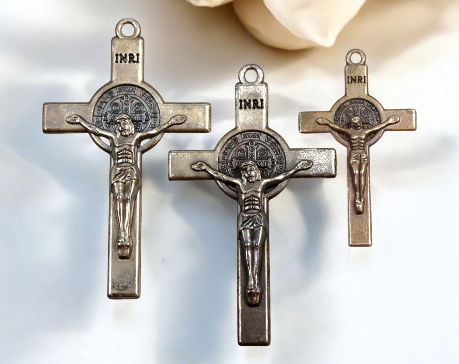 FRANCE: St. Benedict Crucifix Medals - Silvered Bronze, 3pcs, 19th-20th Century (1 of 3)