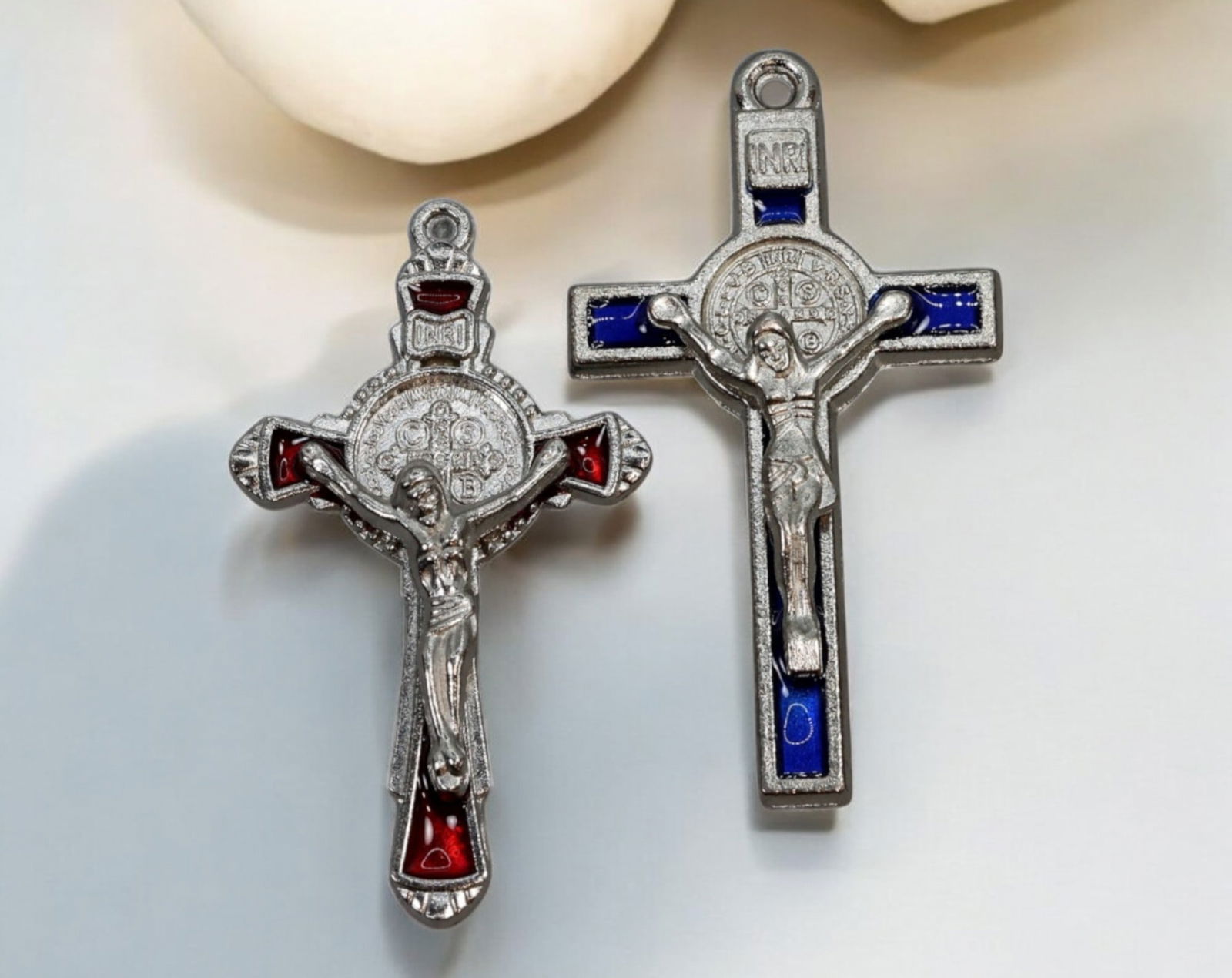 VATICAN: St. Benedict Crucifixes - Silver-Tone with Red & Blue Enamel, 20th Century (1 of 3)