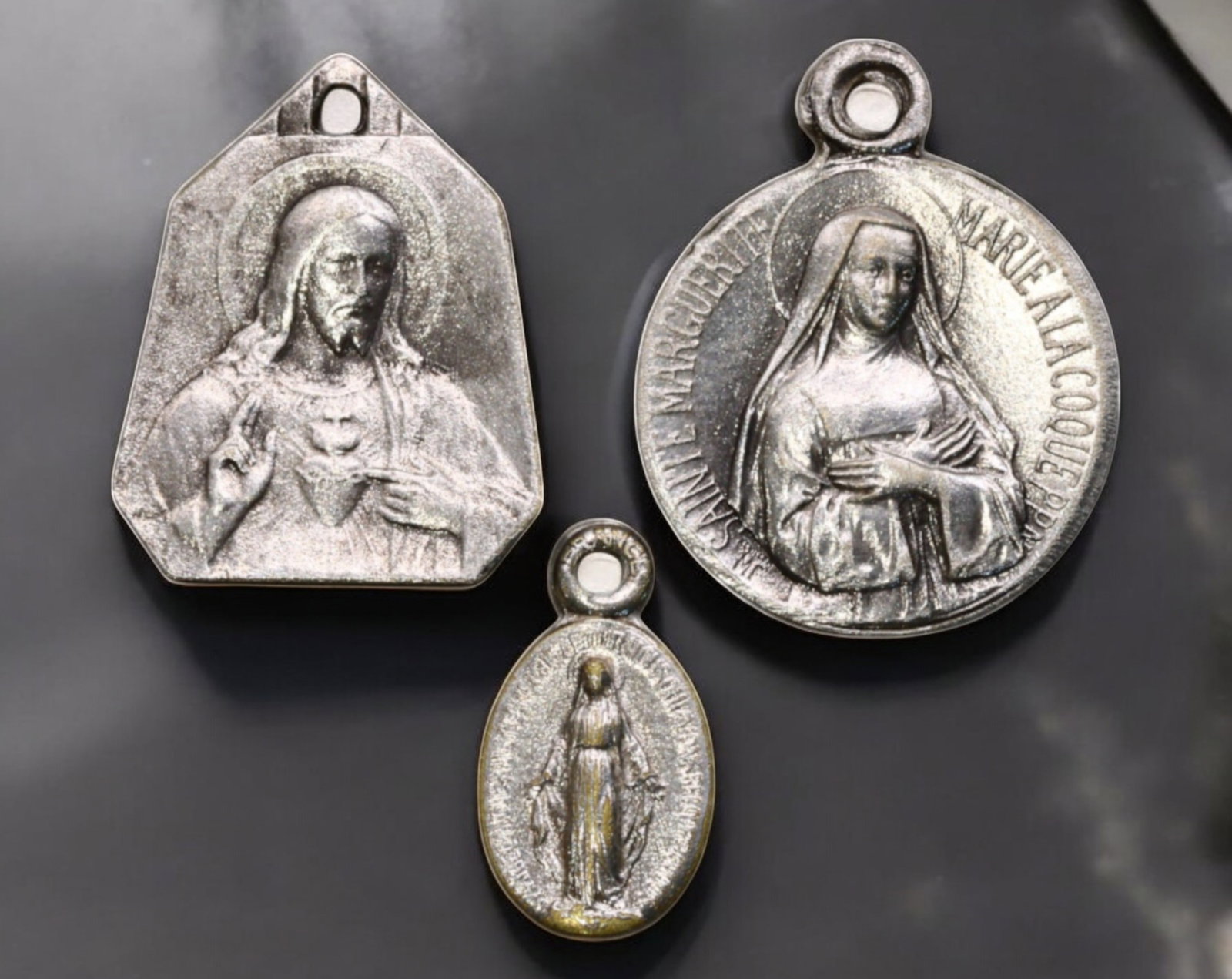 FRANCE: Set of 3 Silver Medal Coins - Sacred Heart, Saint Margaret Mary & Blessed Claude de la: A beautifully crafted set of three silver devotional medals celebrating the devotion to the Sacred Heart of Jesus and the saints who spread its message. The first medal features the Sacred Heart of Je